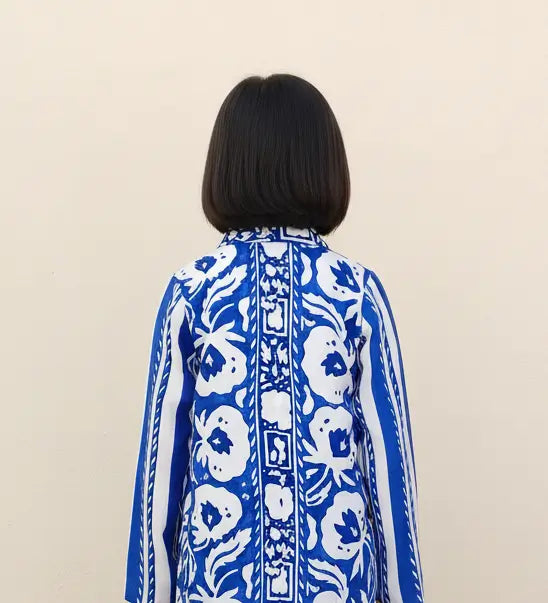 Back Closeup Blue Trendy Floral Printed Blazer
