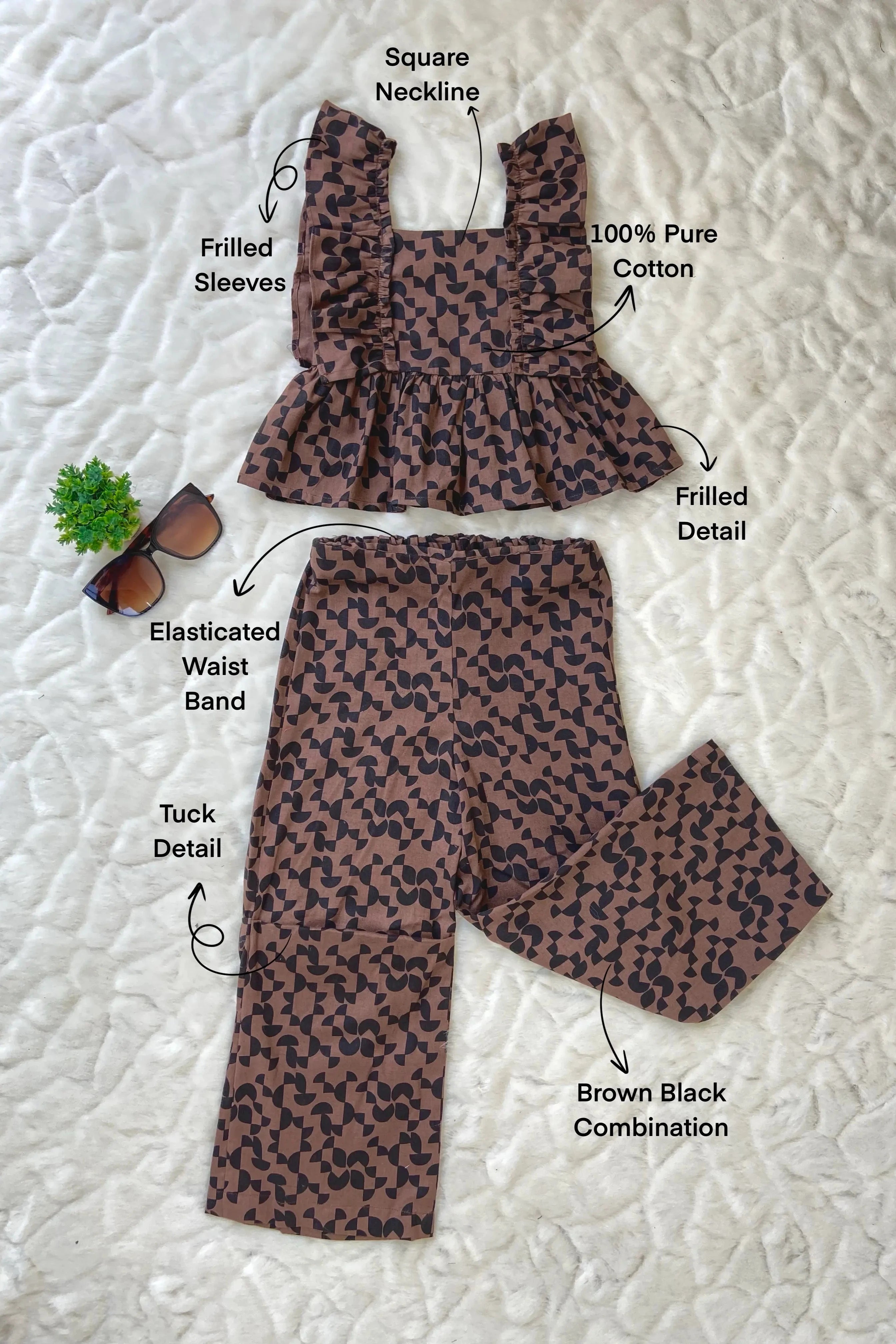 Flat view of a Girls' Brown Cotton Top and Pants Set.