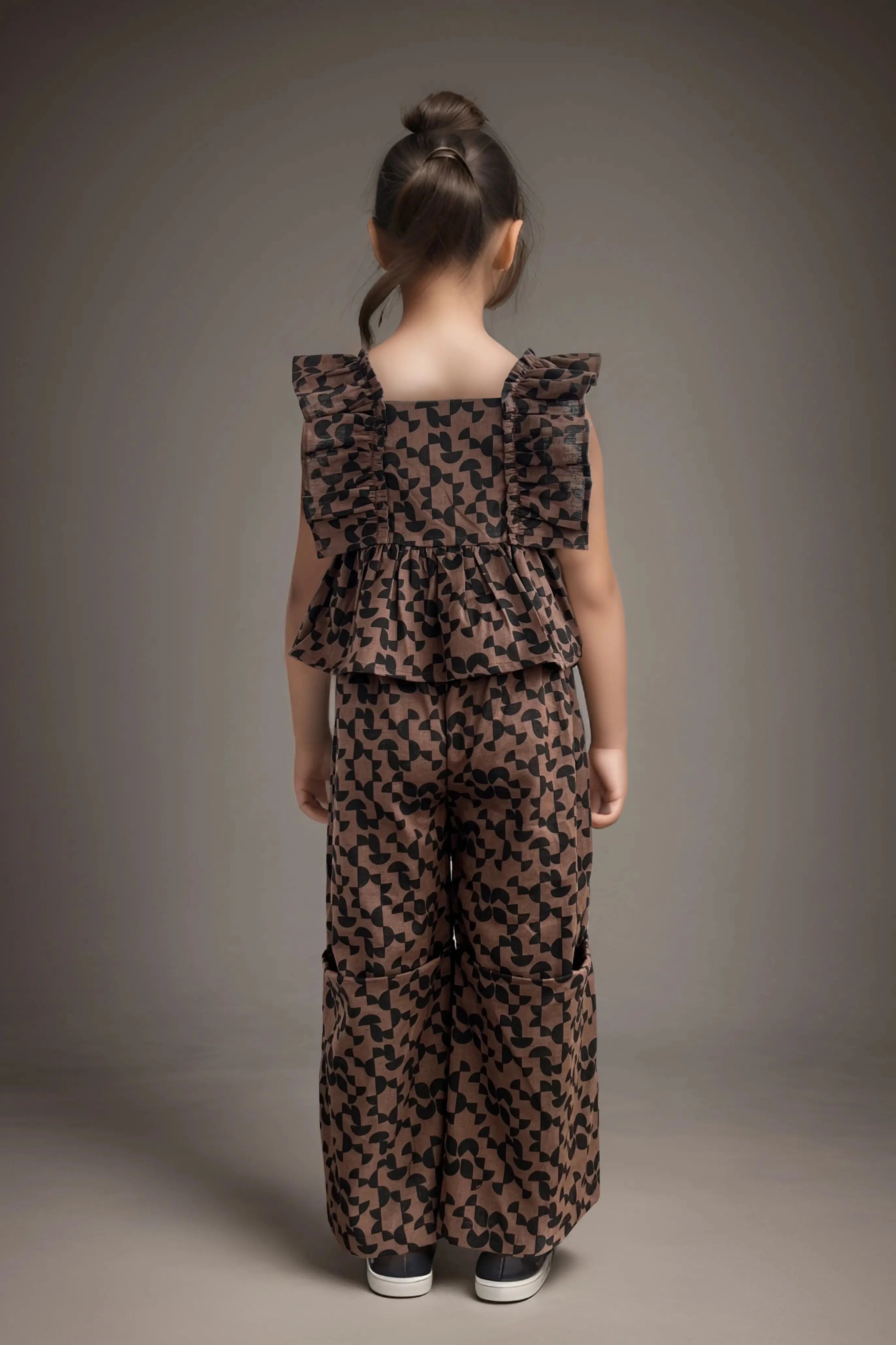 Full back of a Girls' Brown Cotton Top and Pants Set.
