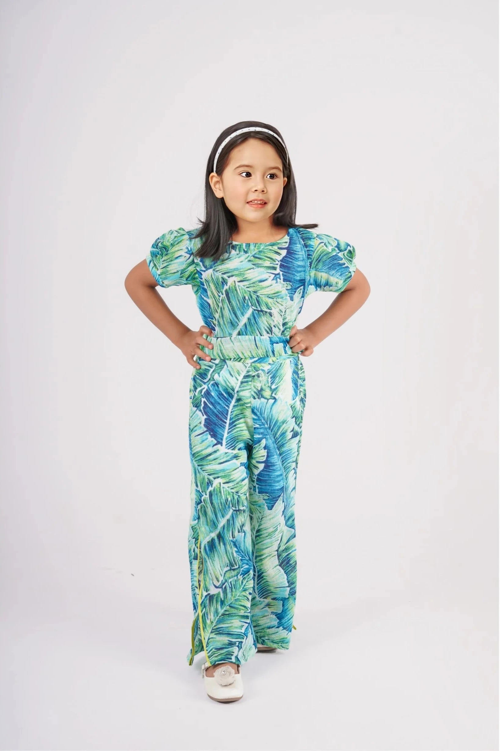 Casual Tropical Print Cotton Co ord Set for Girls Full Front