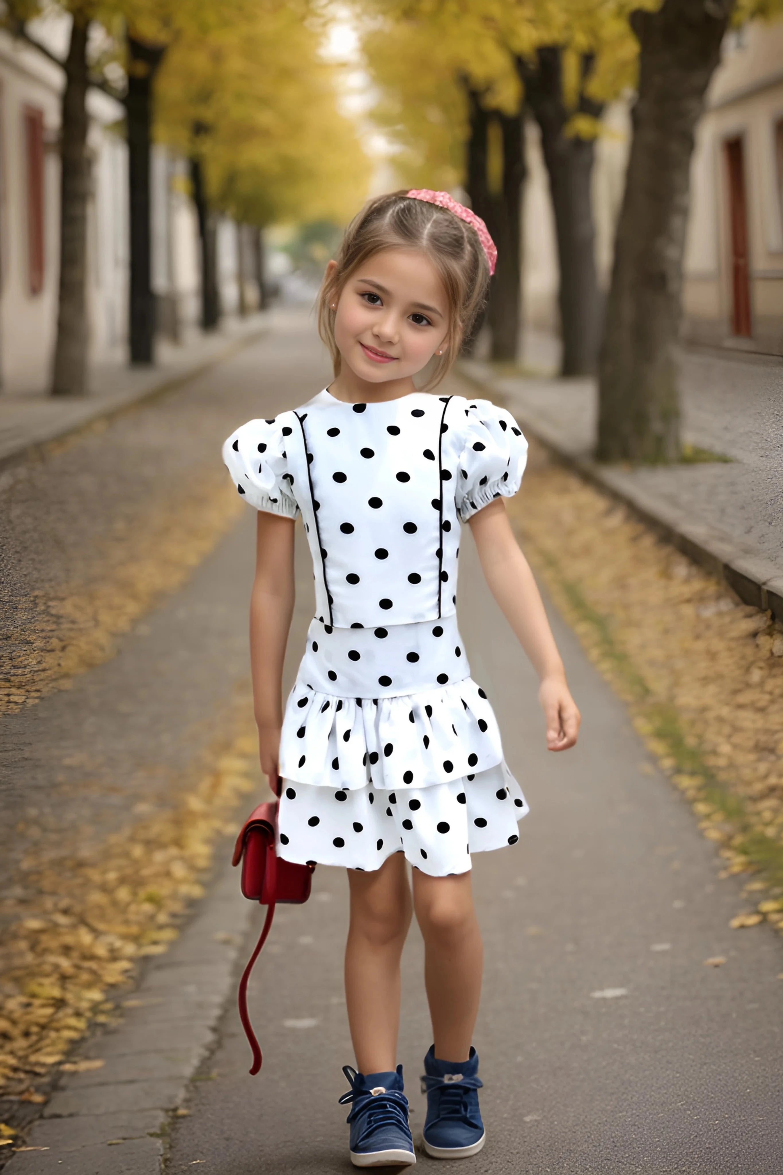 Full front view of a White Polka Dot Top and Skirt Set for Girls.