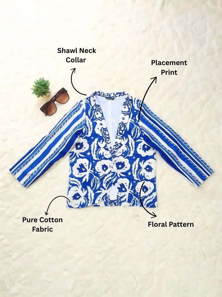 Featured Flat Blue Trendy Floral Printed Blazer