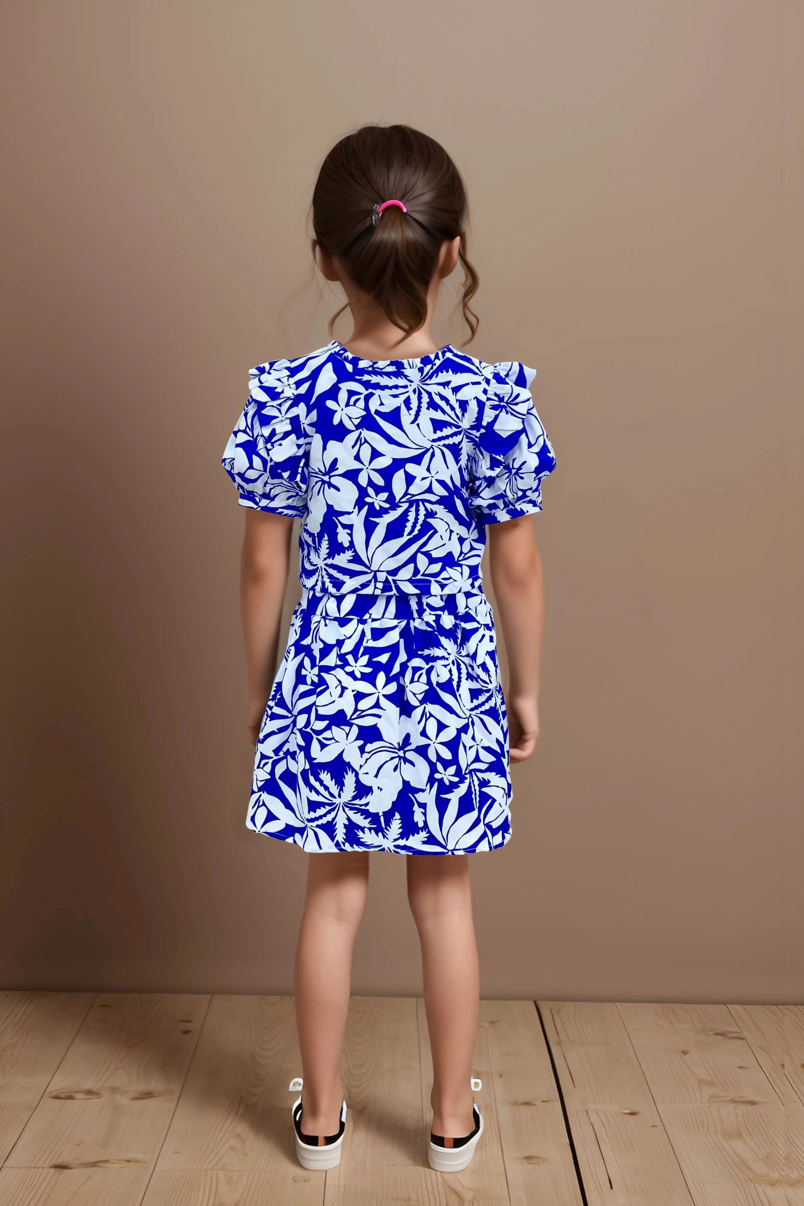 Full back view of blue cotton skirt top