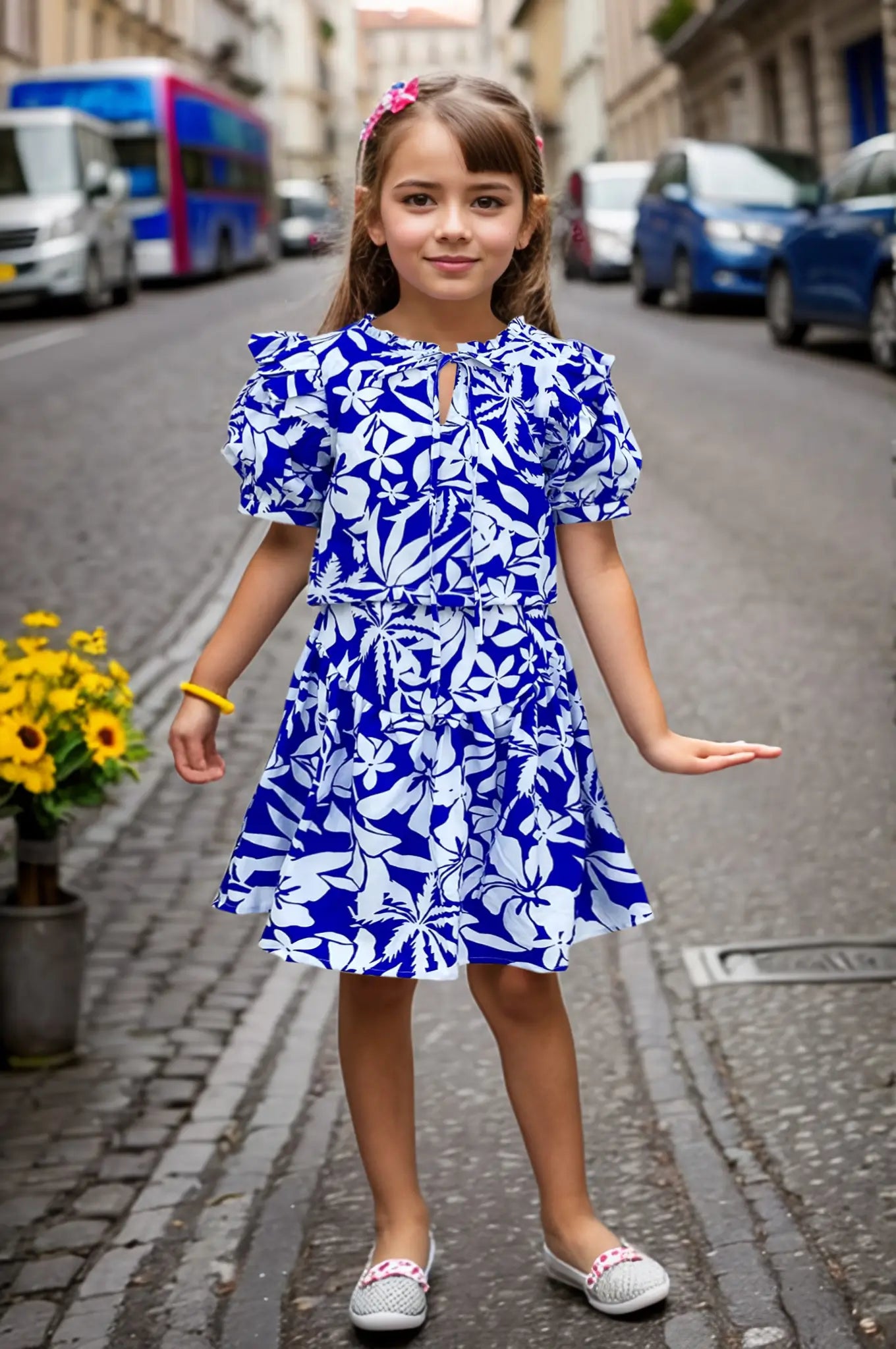Full front view of blue cotton skirt top