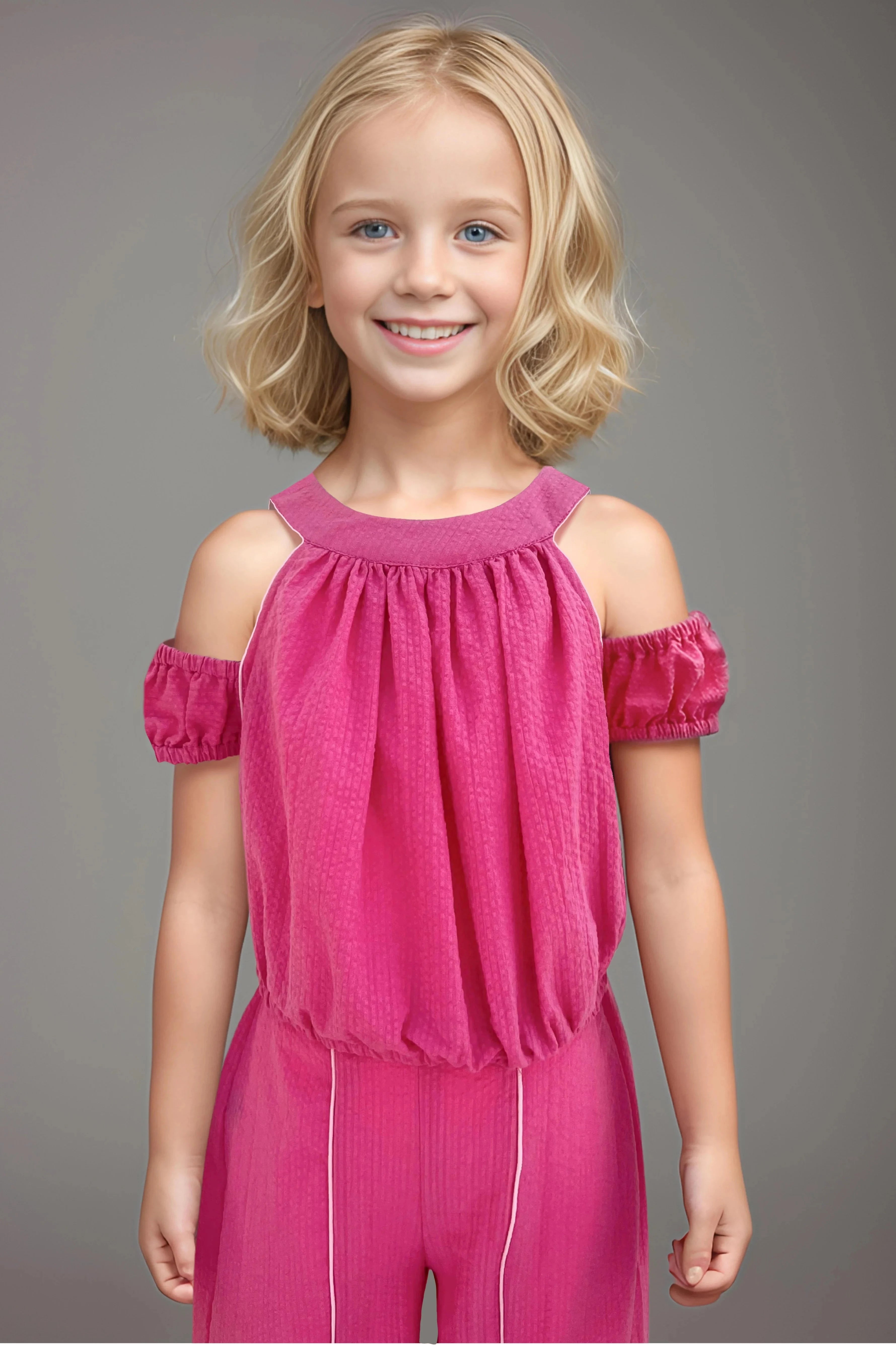 Girls Self Design Pure Cotton Top with Trousers Front Detail