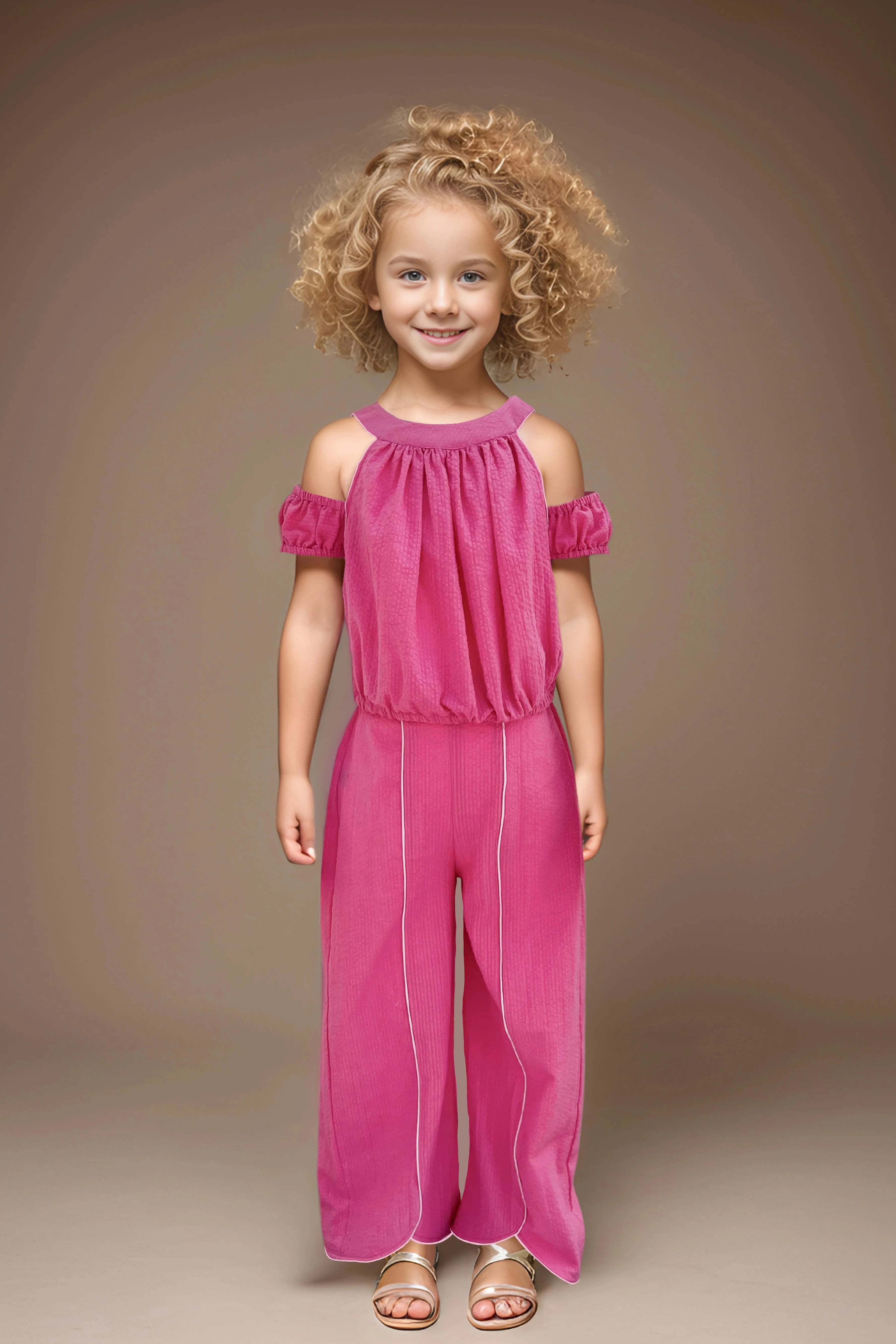 Girls Self Design Pure Cotton Top with Trousers Front Full