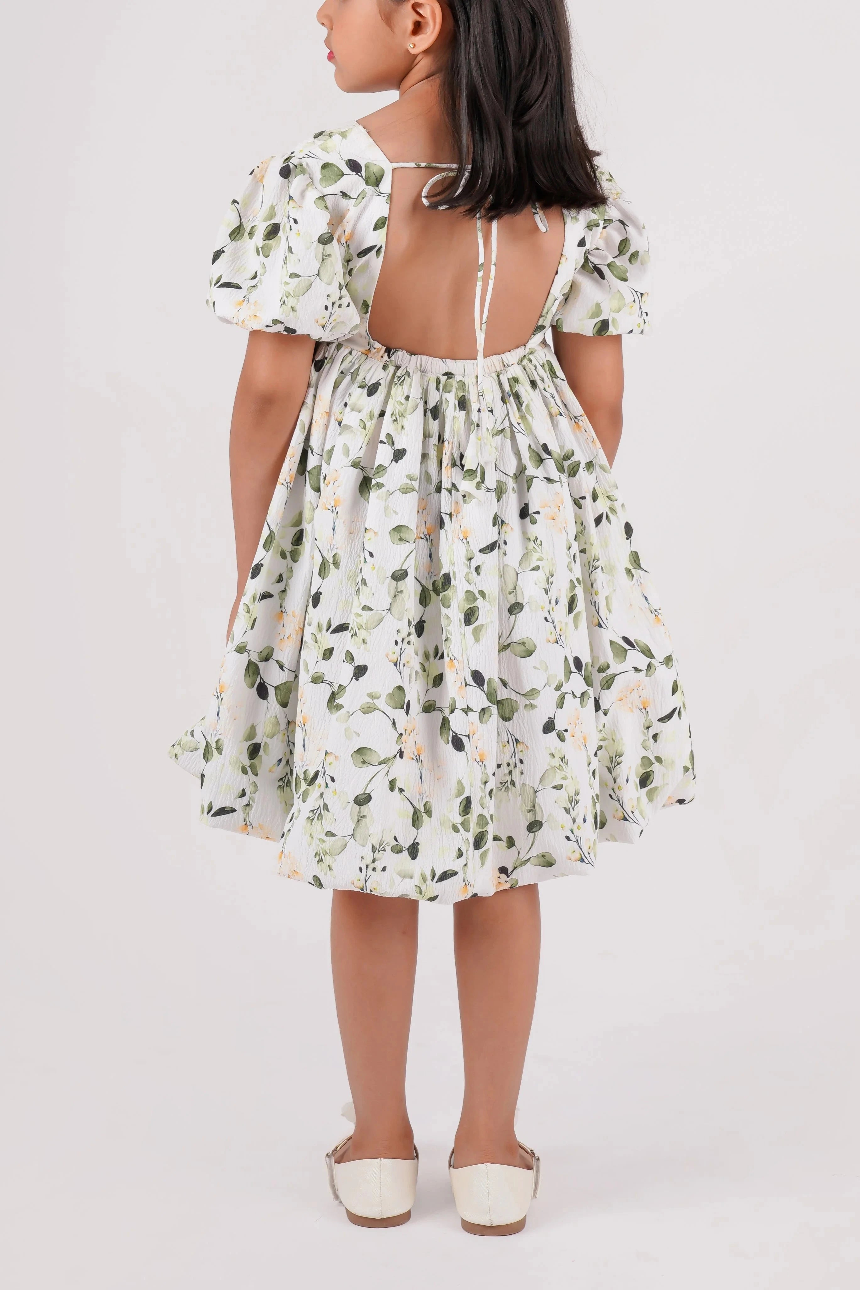 White Green Floral Printed Cotton Summer Dress for Girls