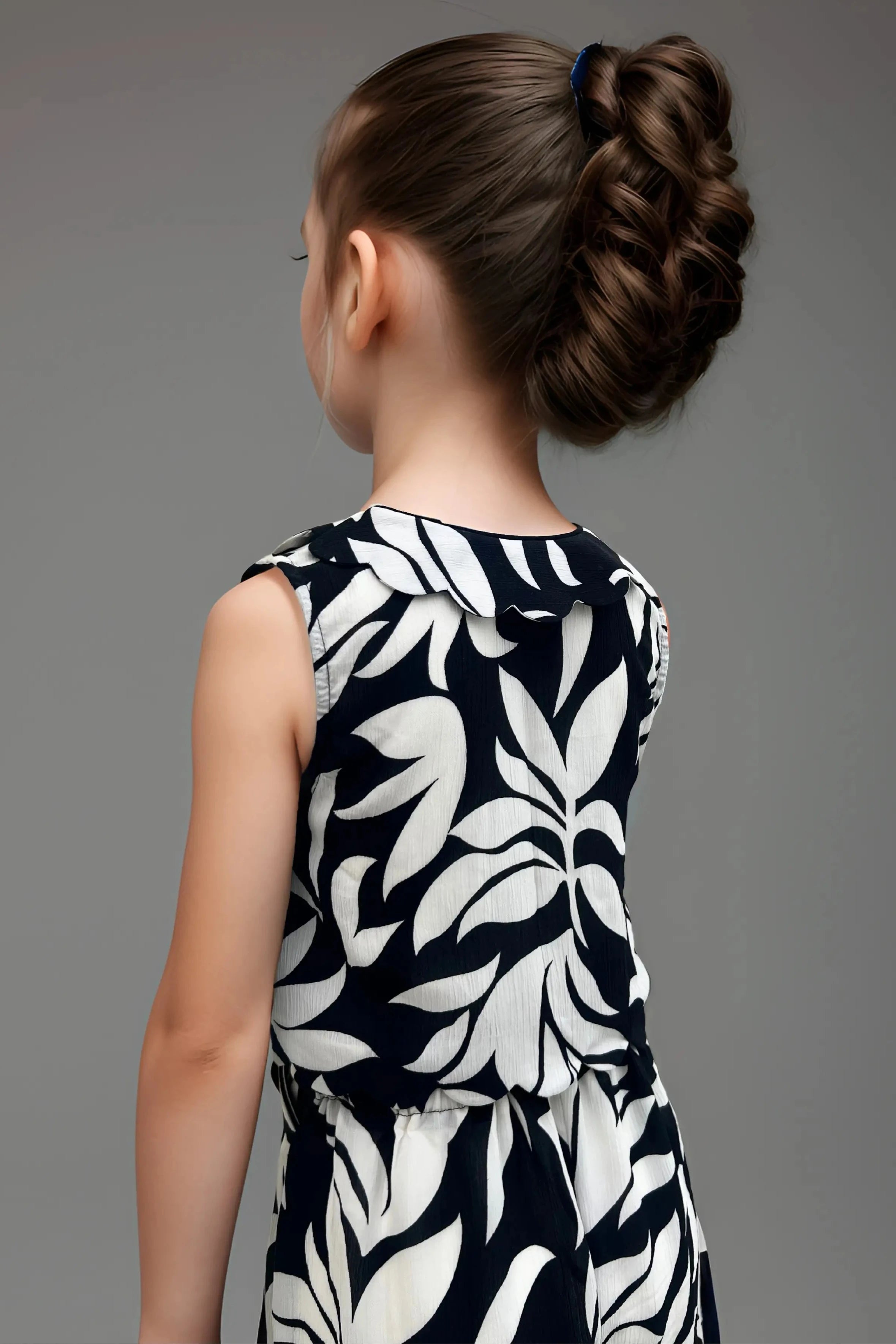 Back side close up of a Trendy Kids' Black and White Printed Co-ord Set.