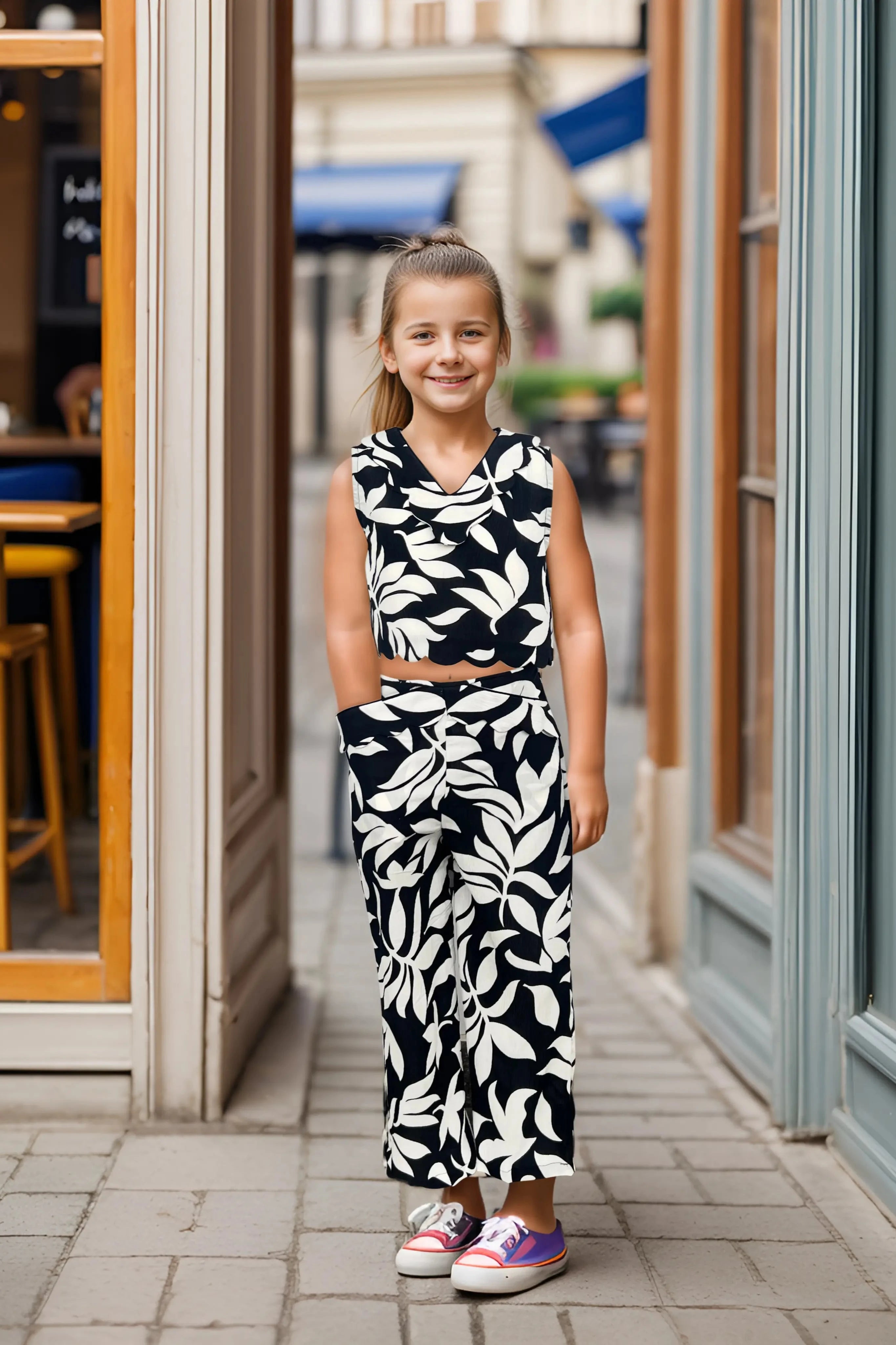 Full front of a Trendy Kids' Black and White Printed Co-ord Set.