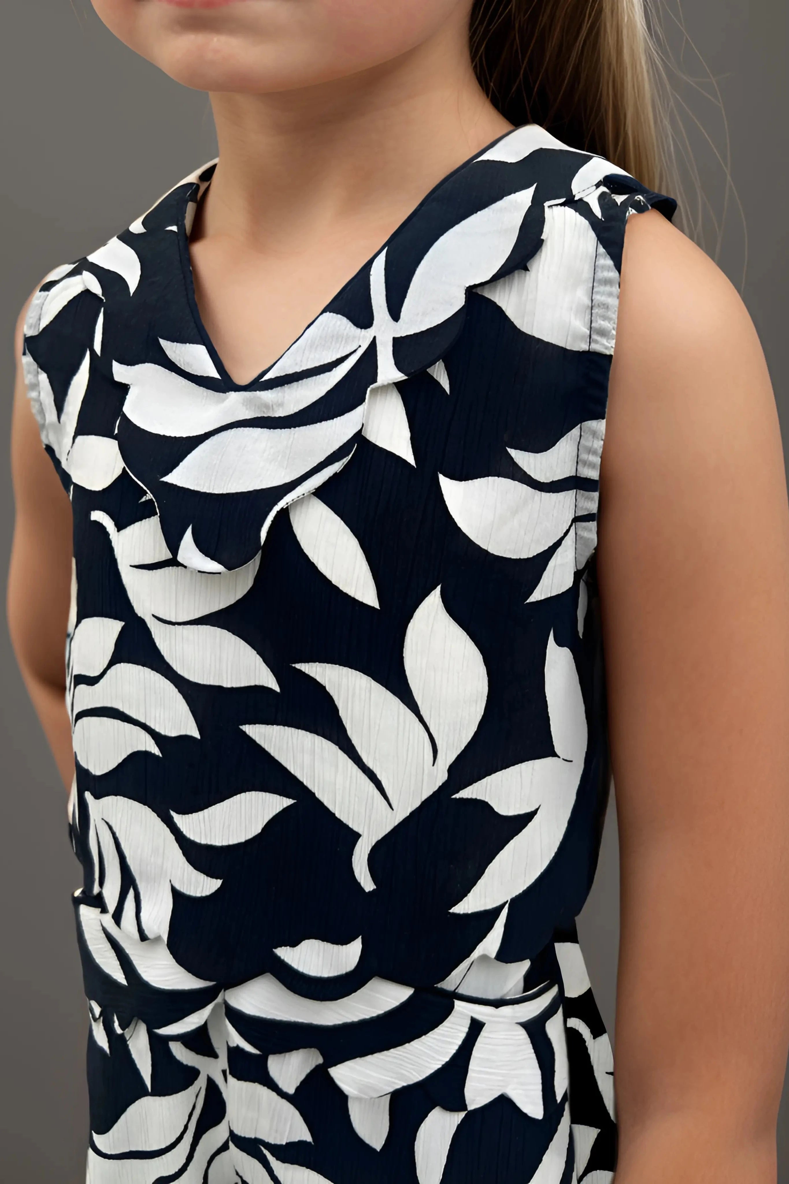 Front side close up of a Trendy Kids' Black and White Printed Co-ord Set.
