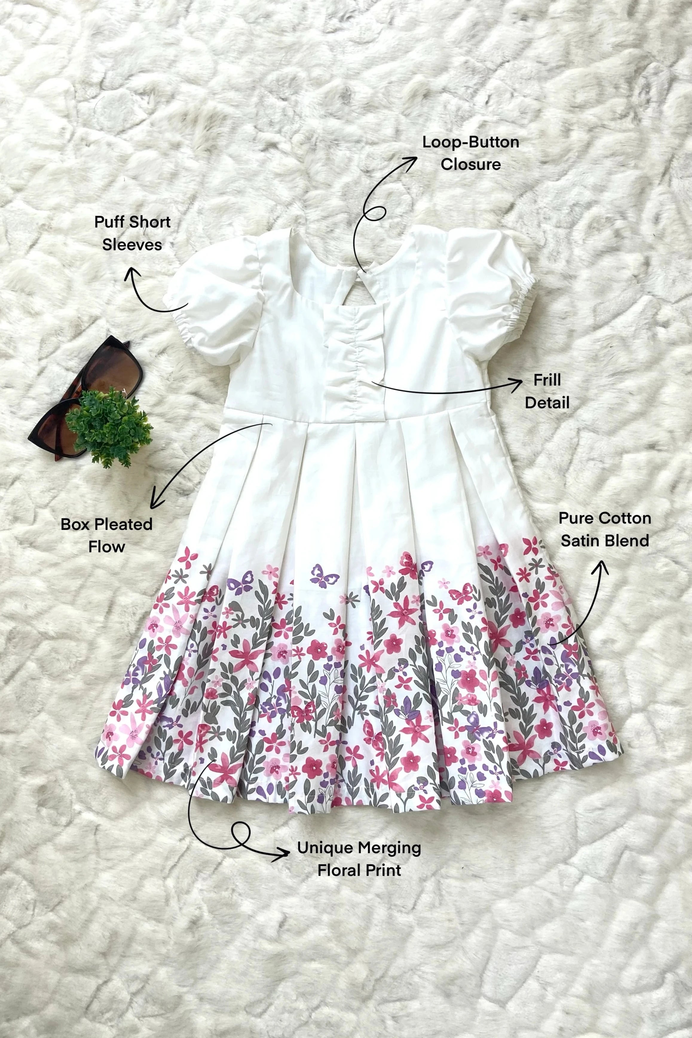 Flat view of a White Satin Floral Dress for Girls.