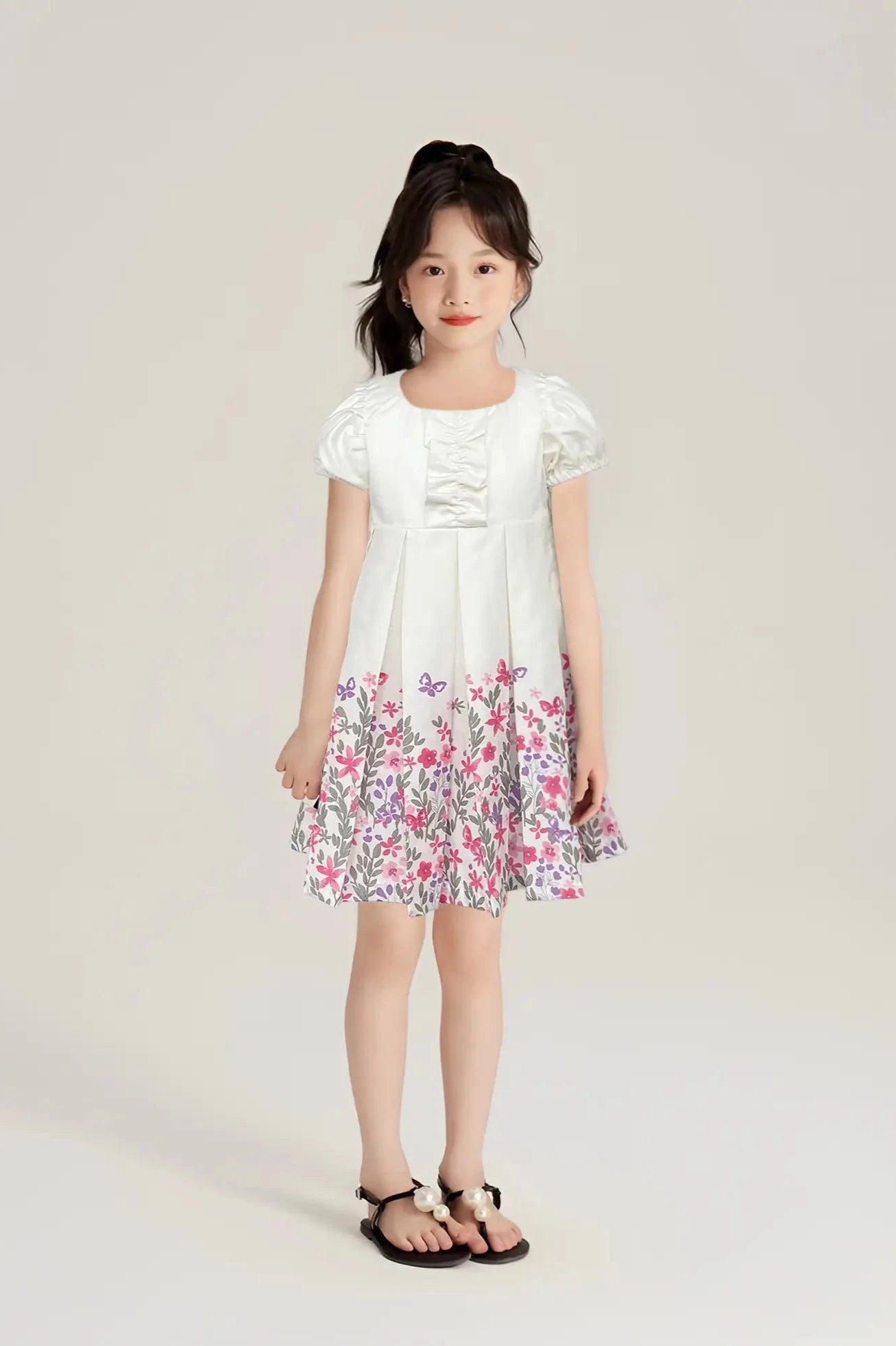 Full front view of a White Satin Floral Dress for Girls.