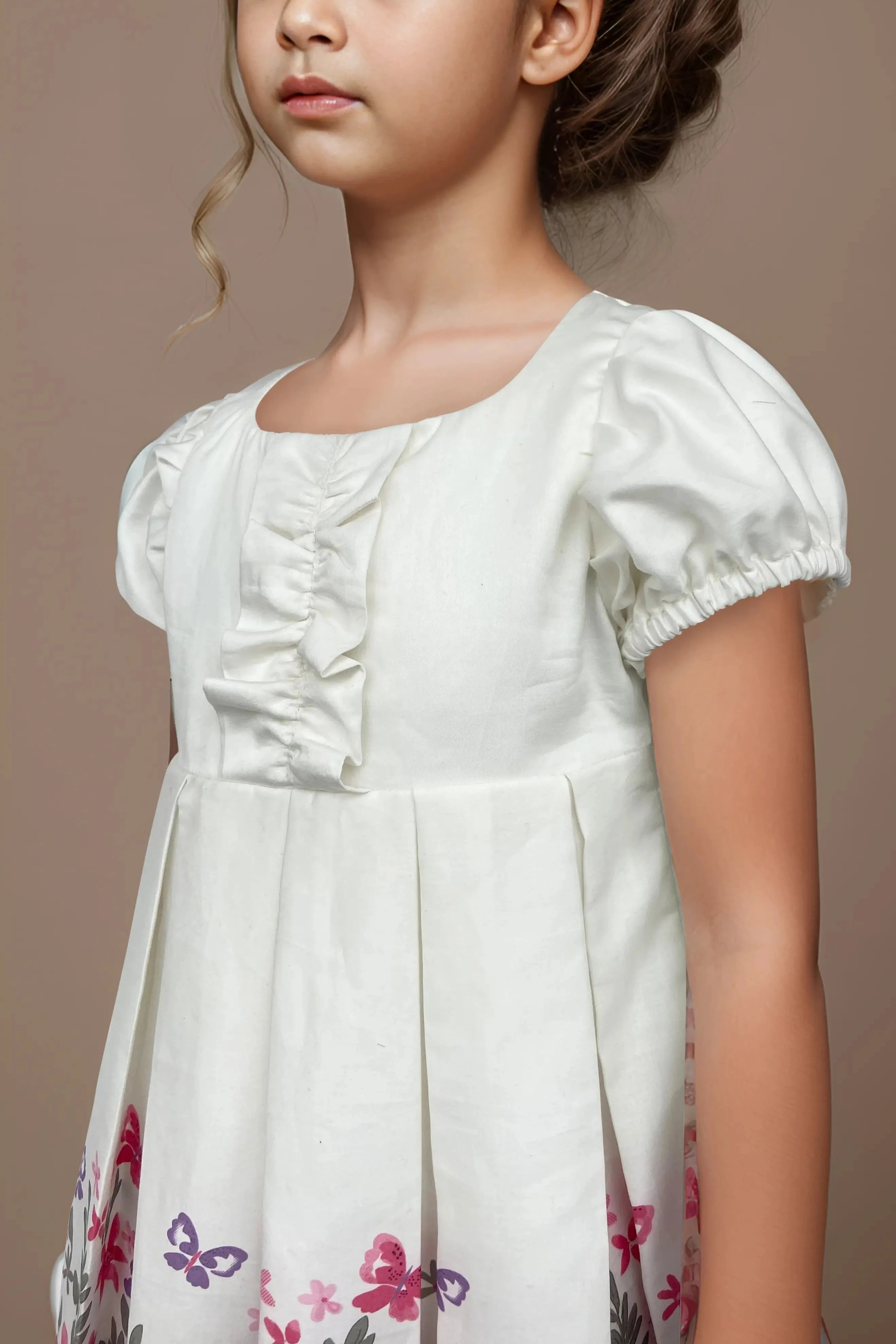 Front side view of a White Satin Floral Dress for Girls.