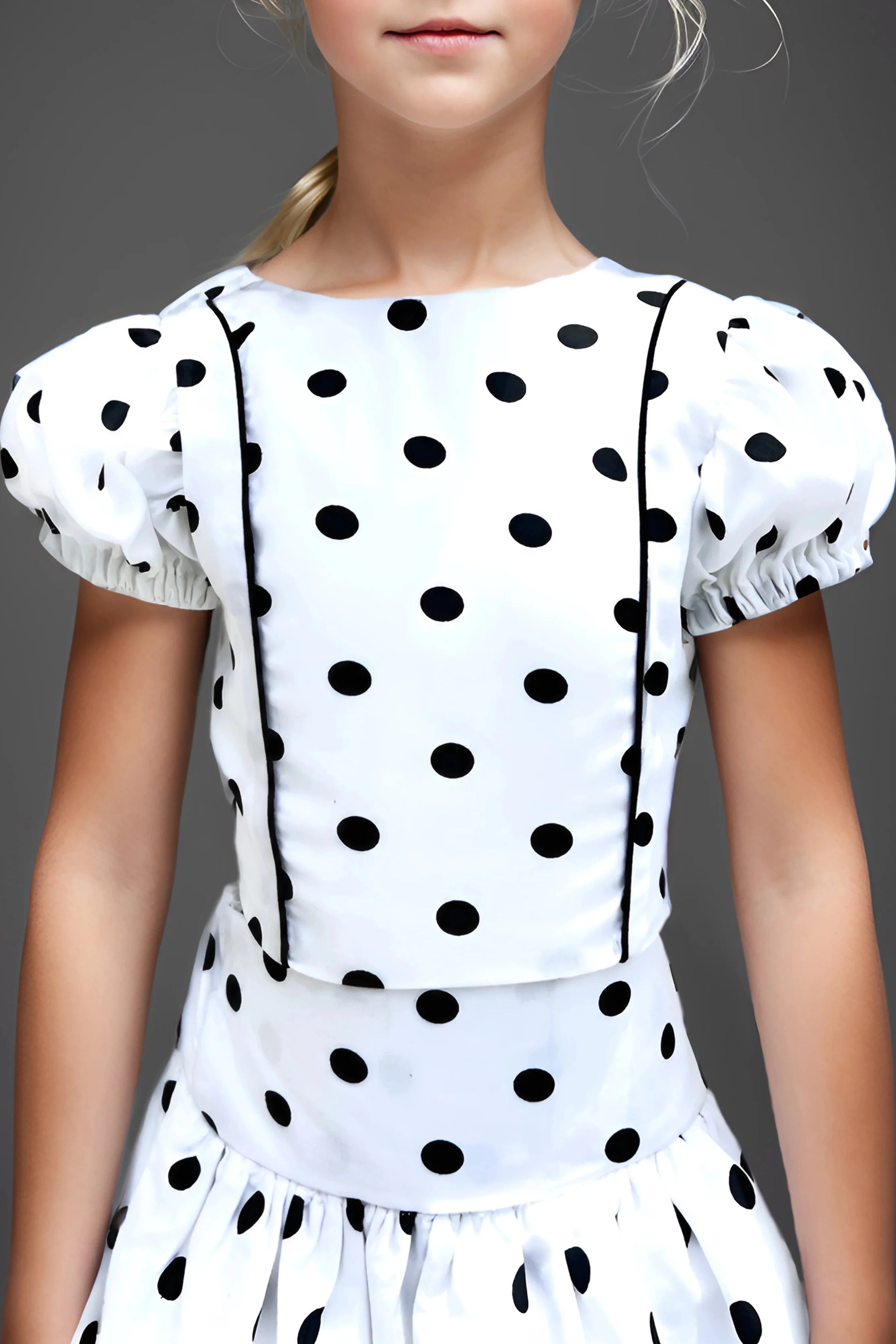 Full front view of a White Polka Dot Top and Skirt Set for Girls.