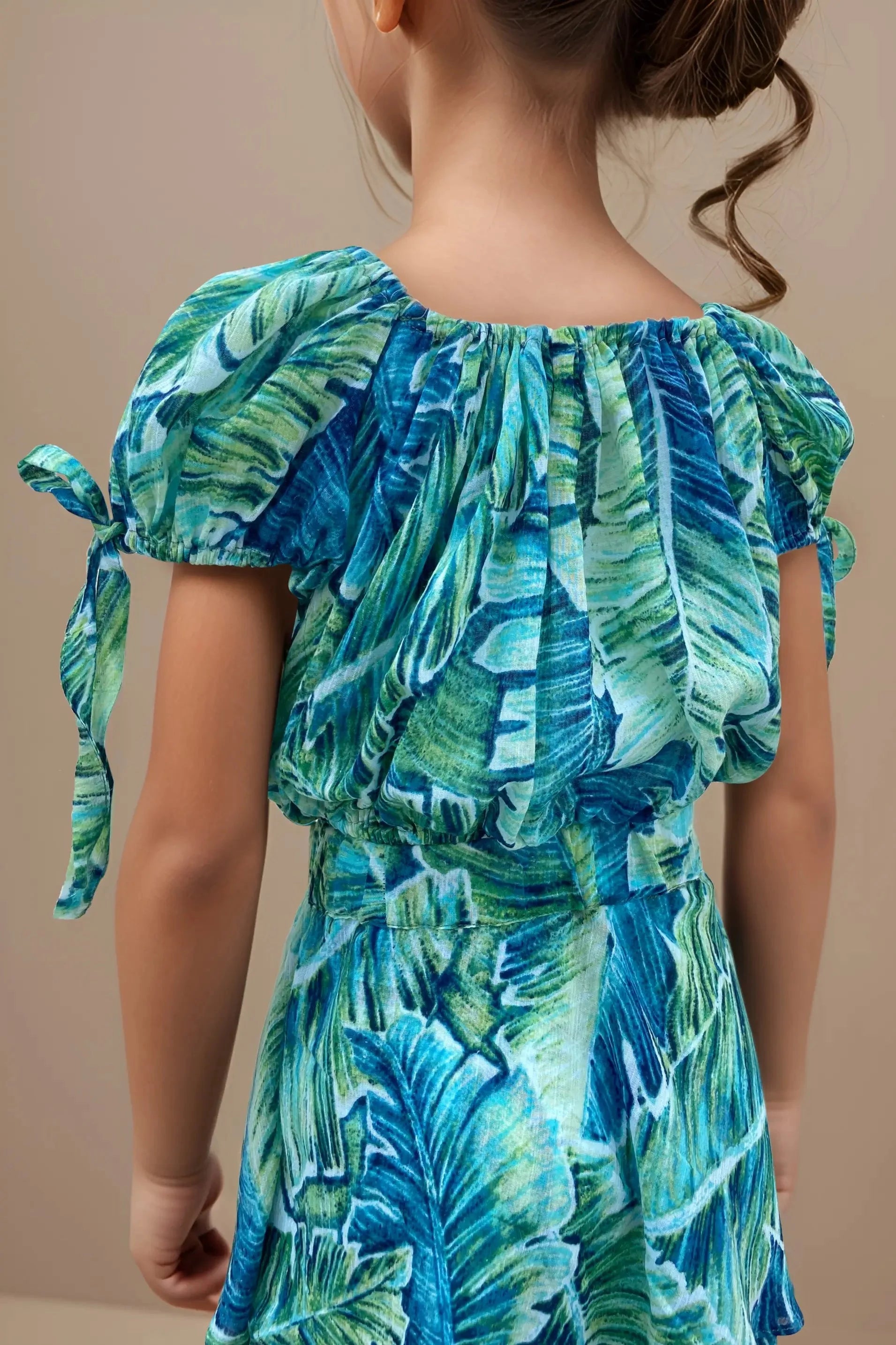 Back side close up view of a Girls' Tropical Print Co-Ord Set.