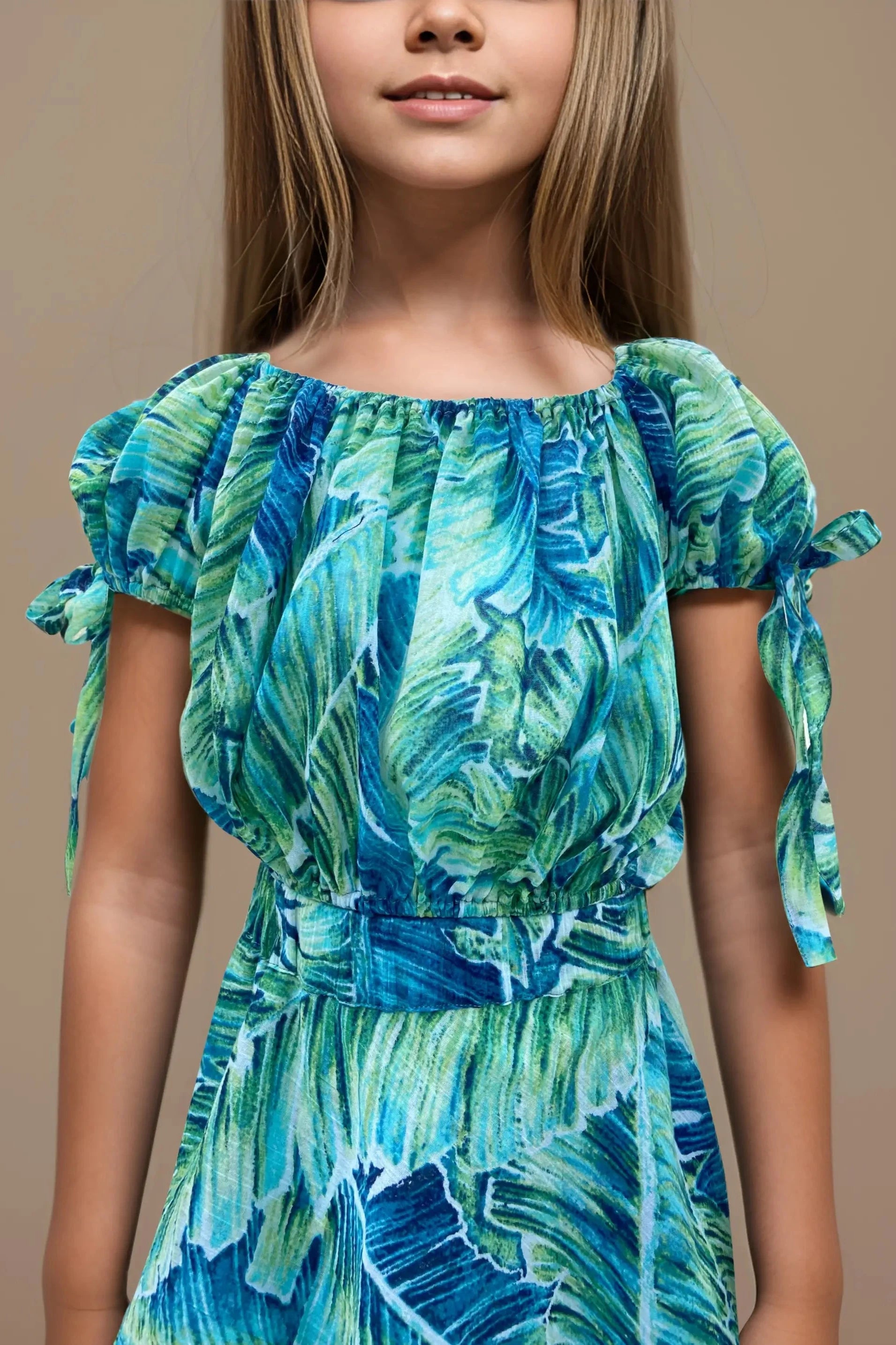 Front close up view of a Girls' Tropical Print Co-Ord Set.