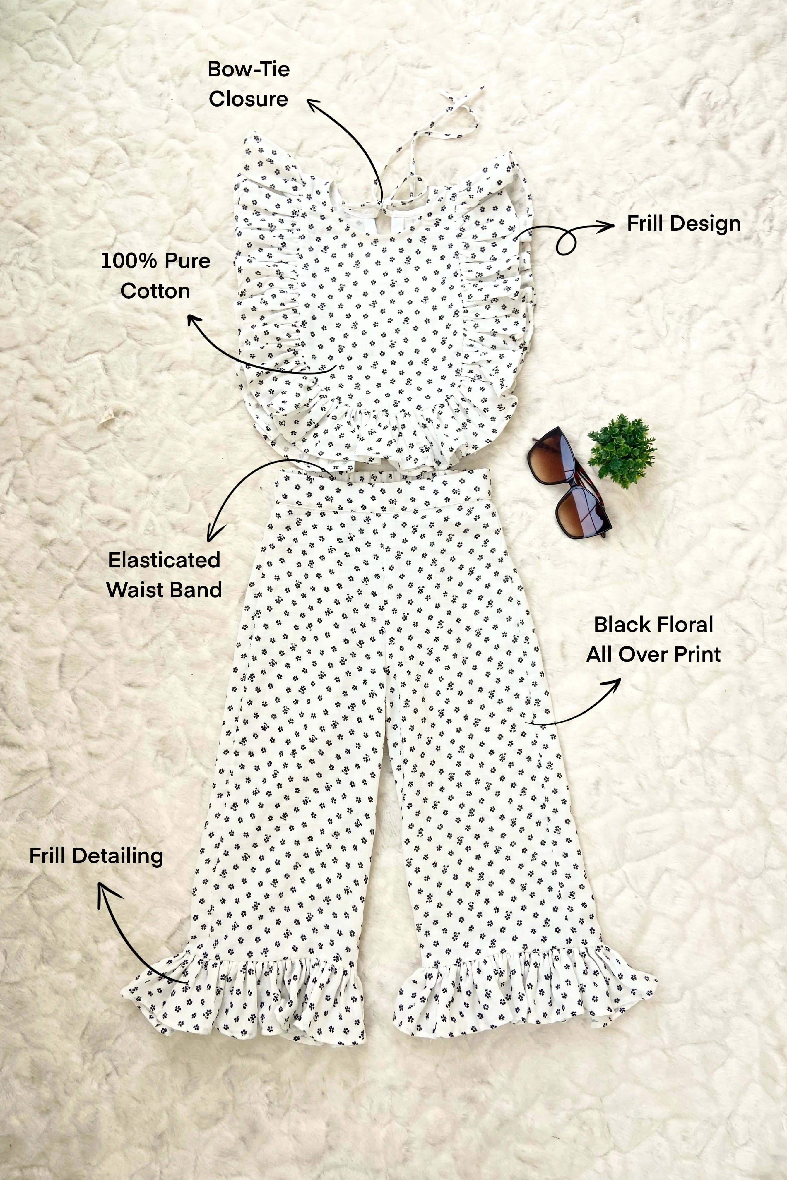 White Muslin Co ord Set for Girls Flat Feature