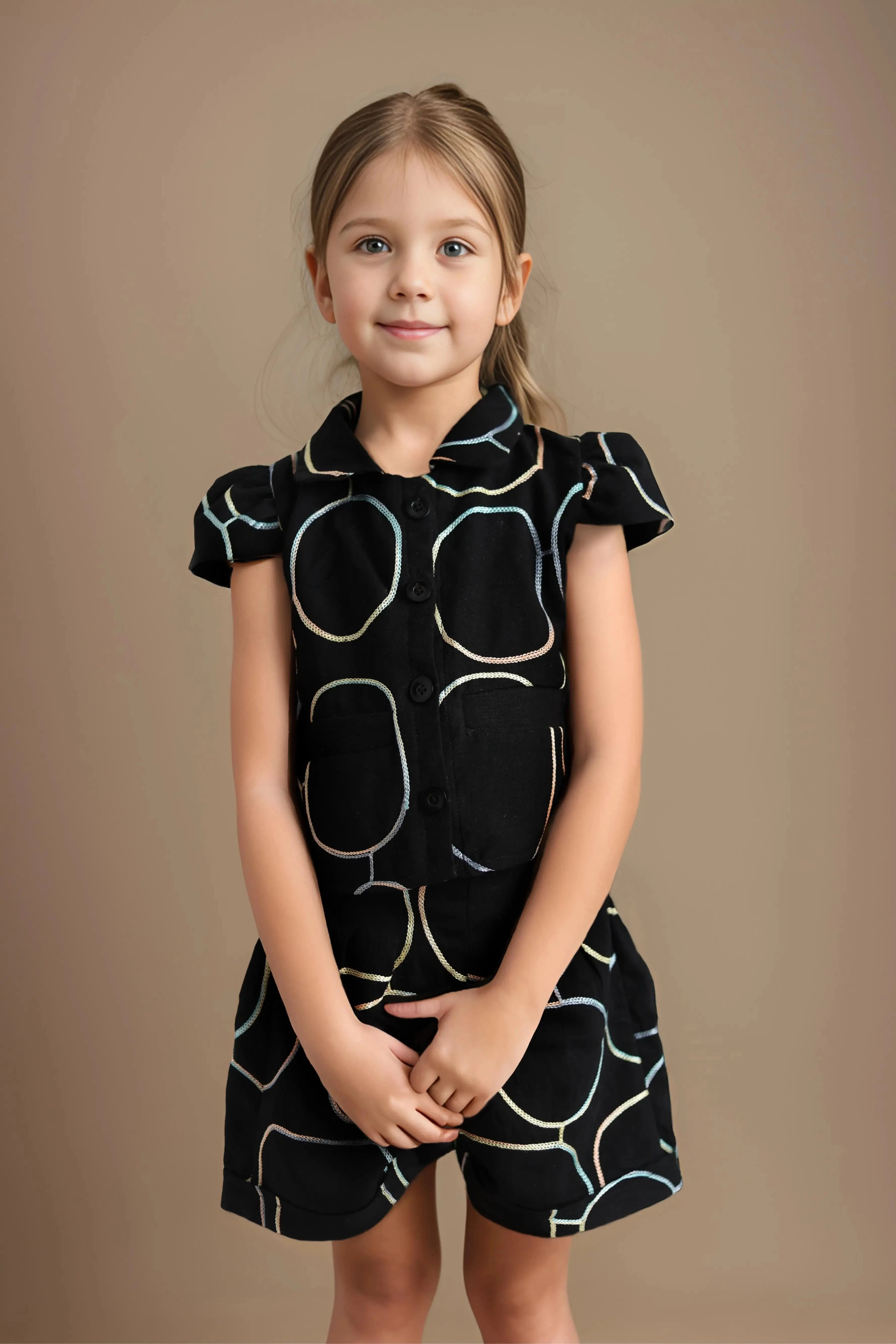 Trendy Black Cotton Girls 2 Piece Set front detail