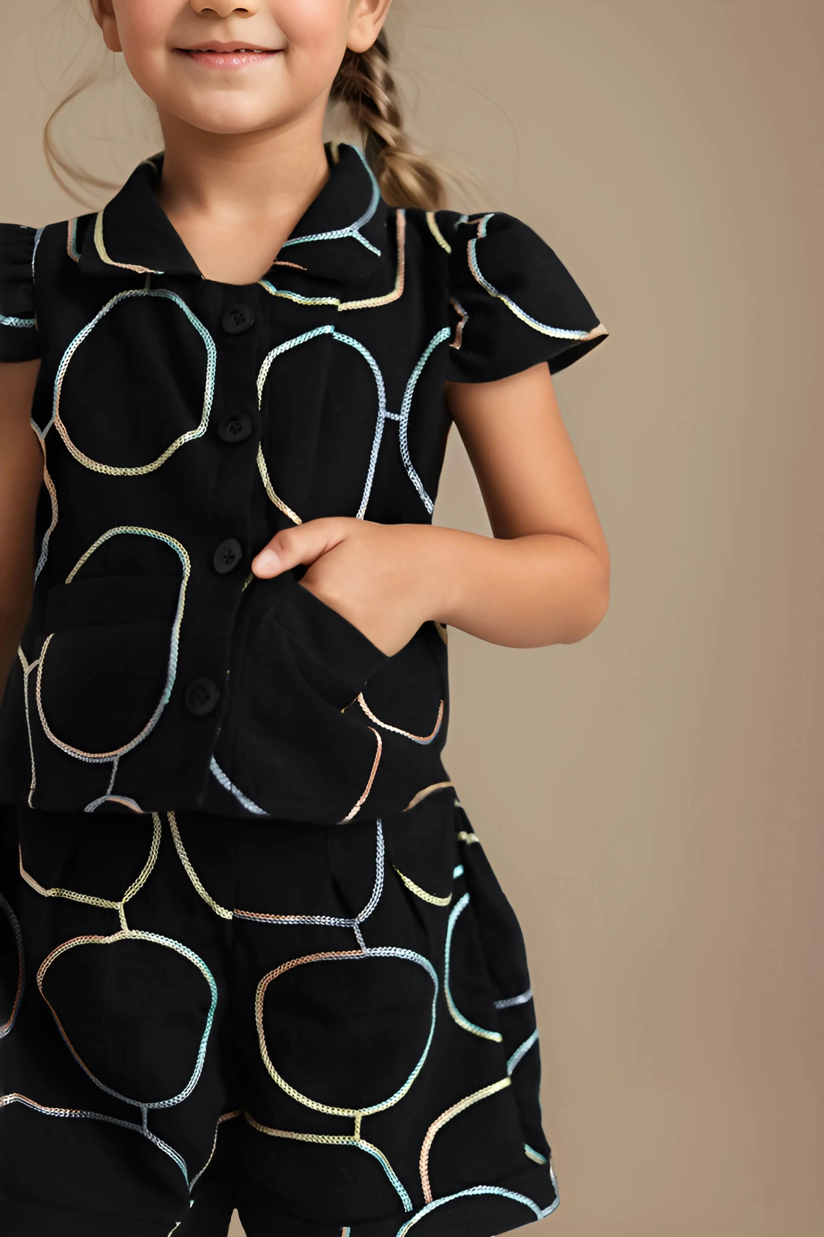 Trendy Black Cotton Girls 2 Piece Set detail front