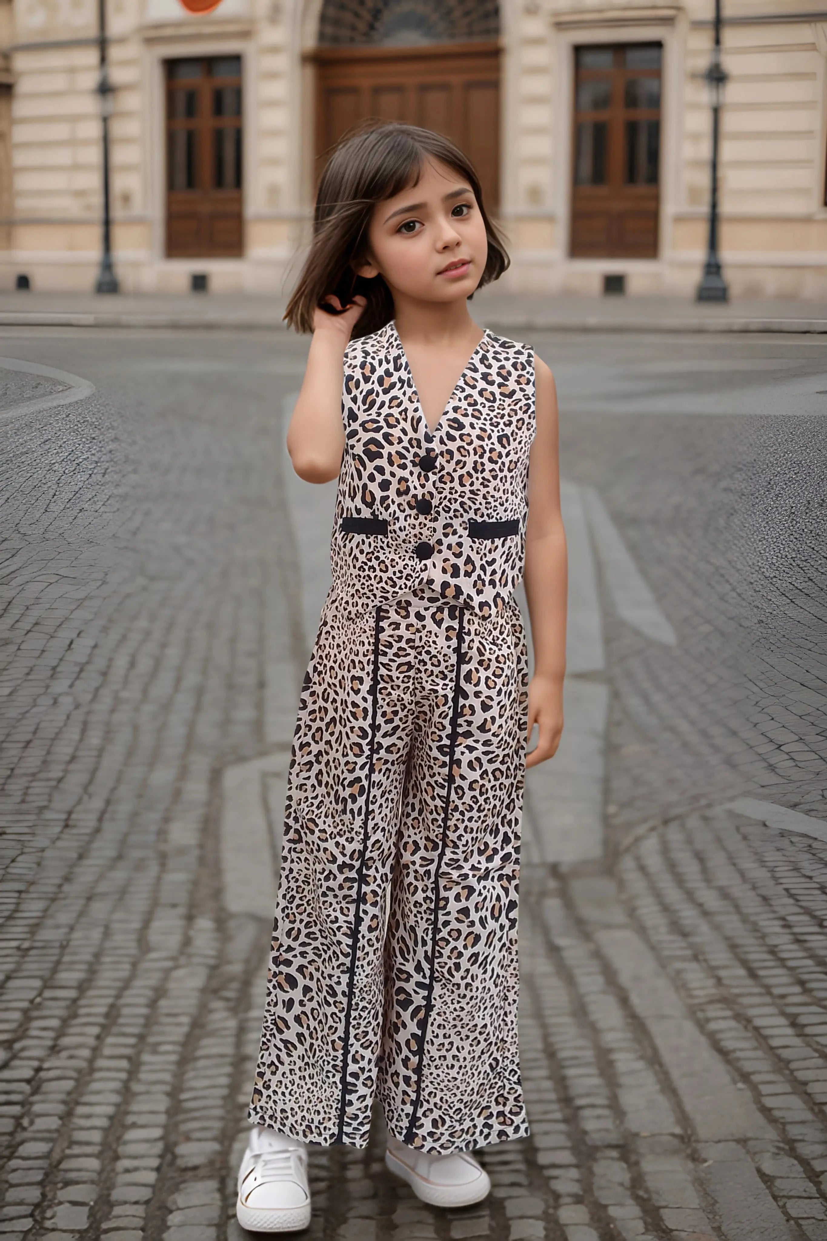 Full front of a Girls Animal Printed Pure-Cotton Top & Trousers.