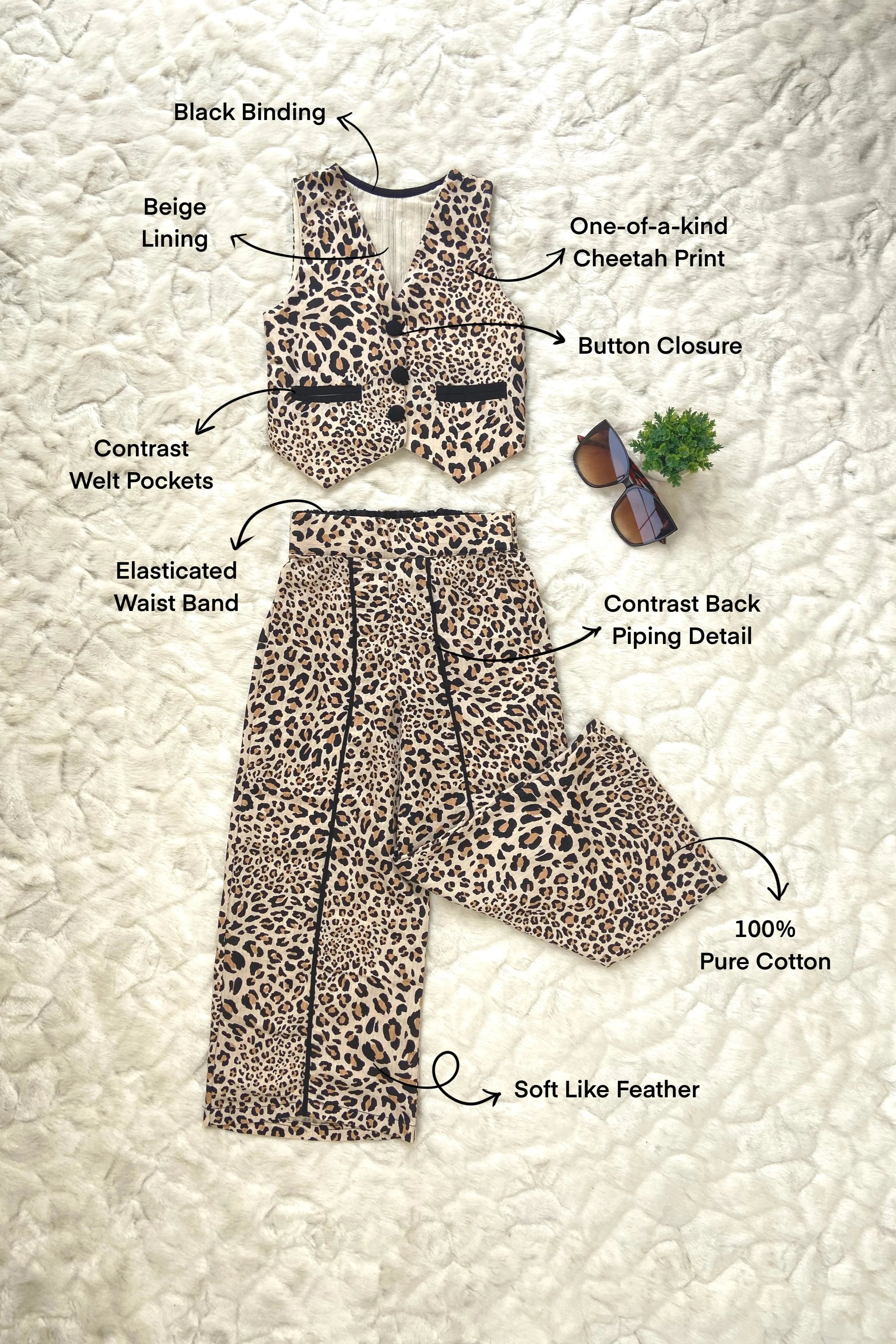 Flat image of a Girls Animal Printed Pure-Cotton Top & Trousers.