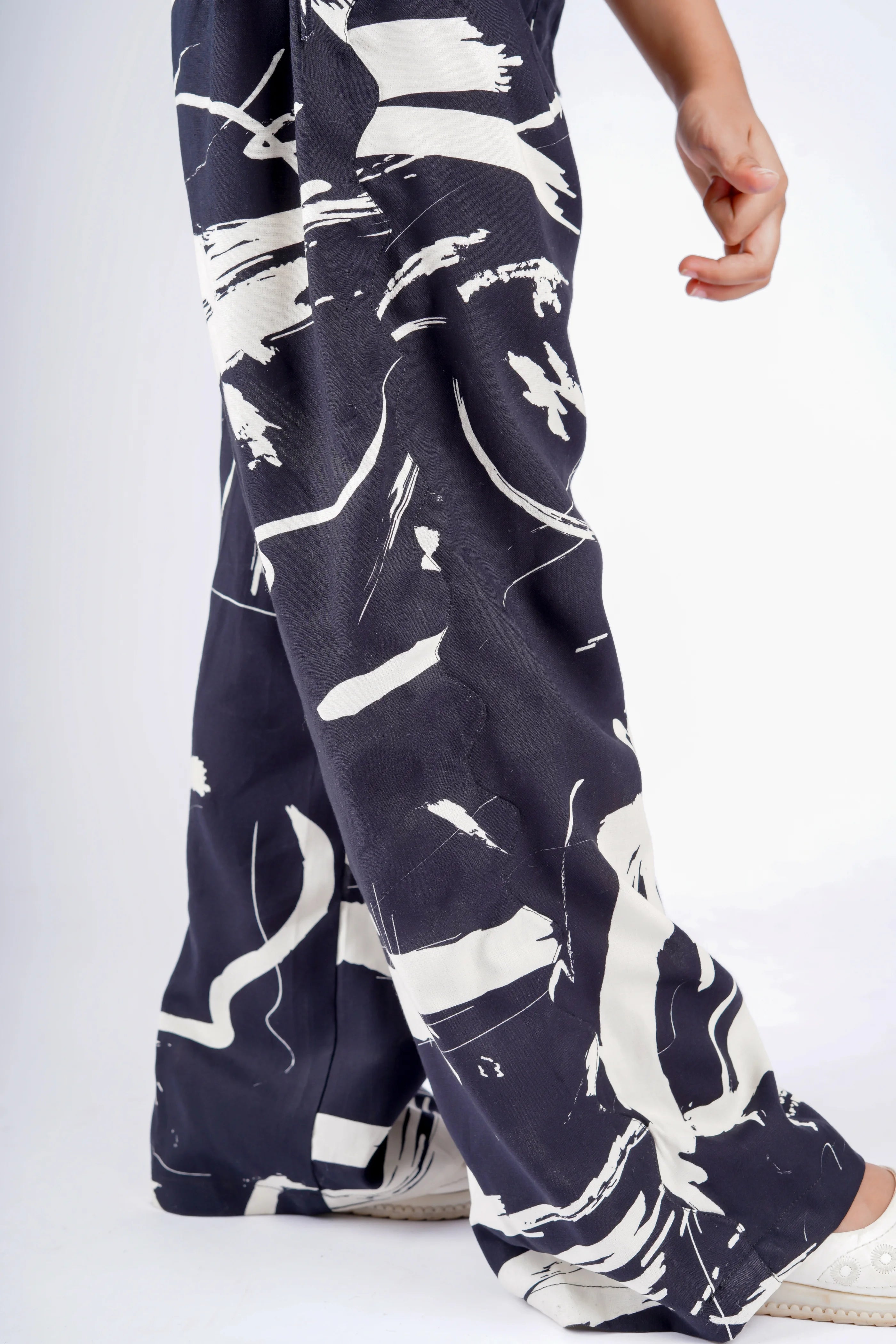 Close up of trouset of Black Abstract Co-Ord Set for Kids.