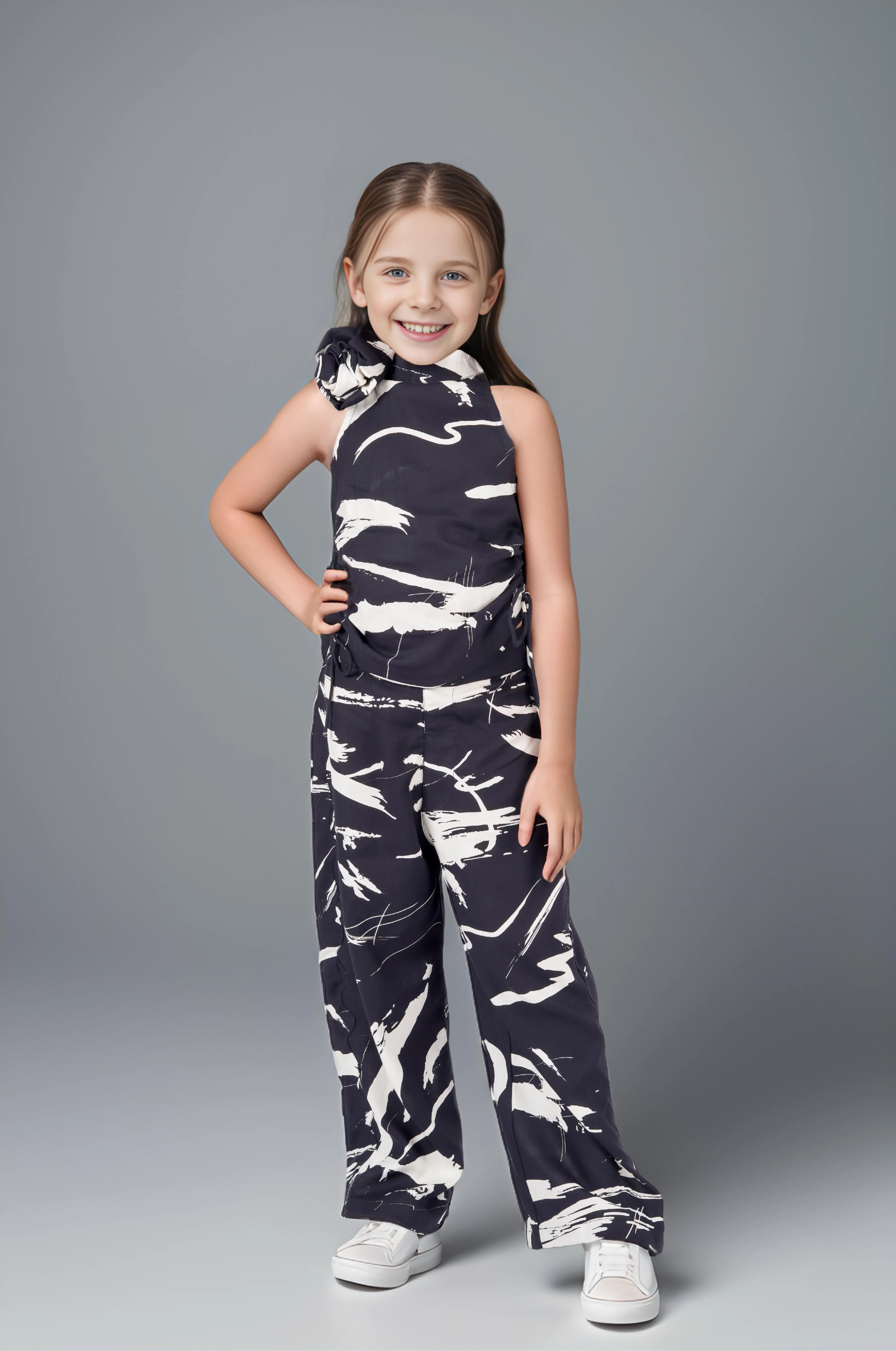 Black Abstract Co ord Set for Kids Full Front