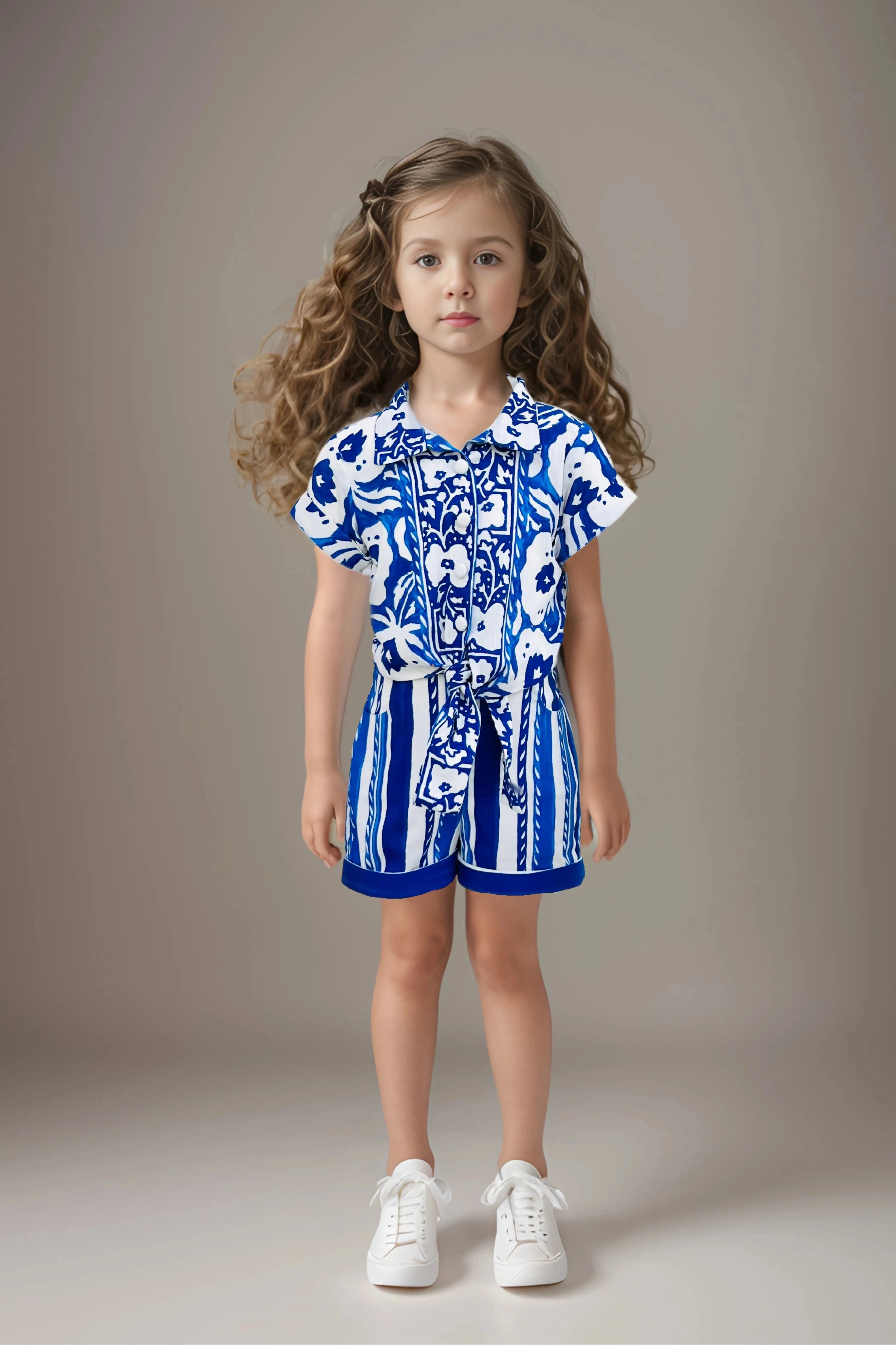 Full front view of a Girls' Floral Printed Linen Shirt & Shorts Set.