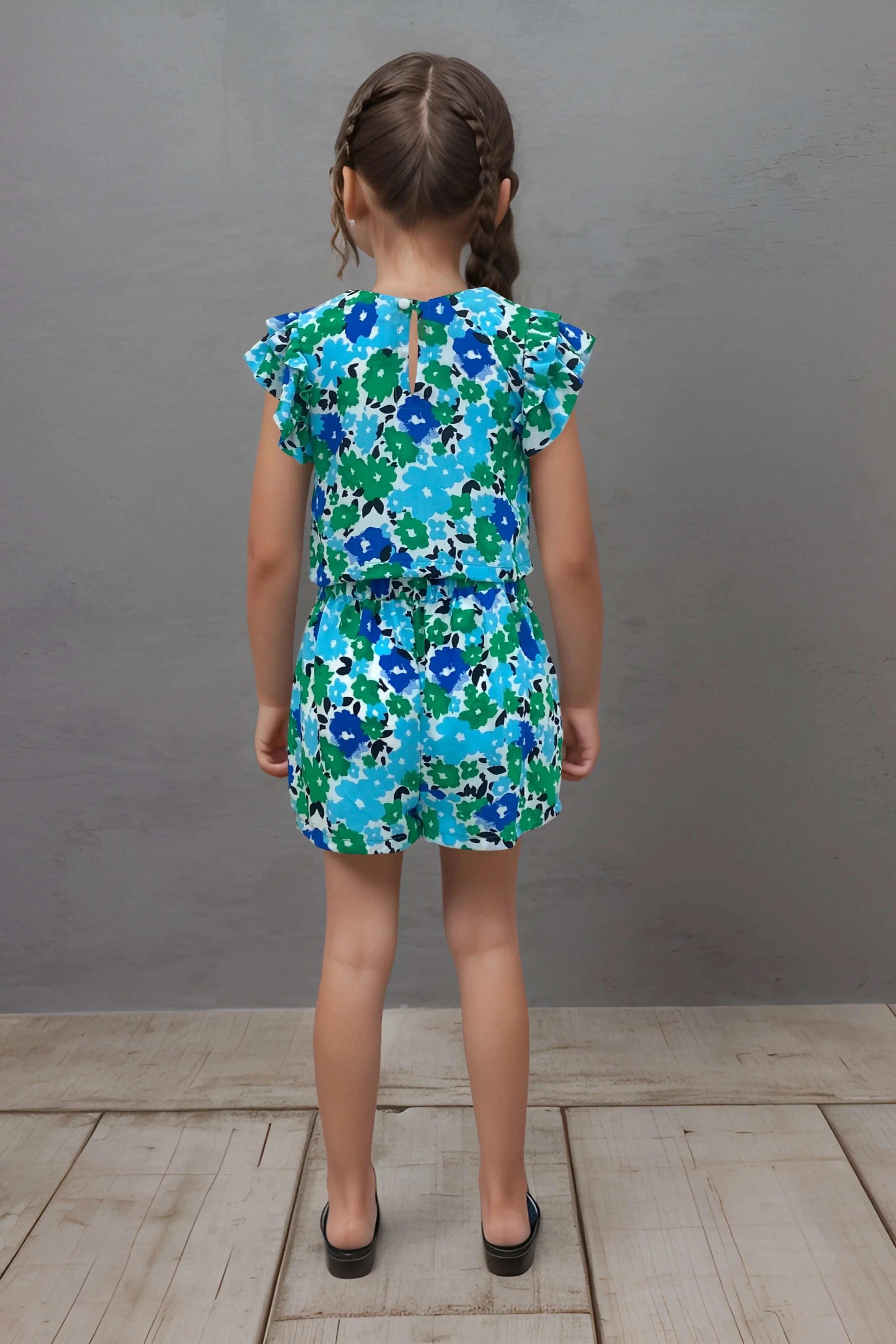 Back full view of a stylish floral co-ord set for girls.