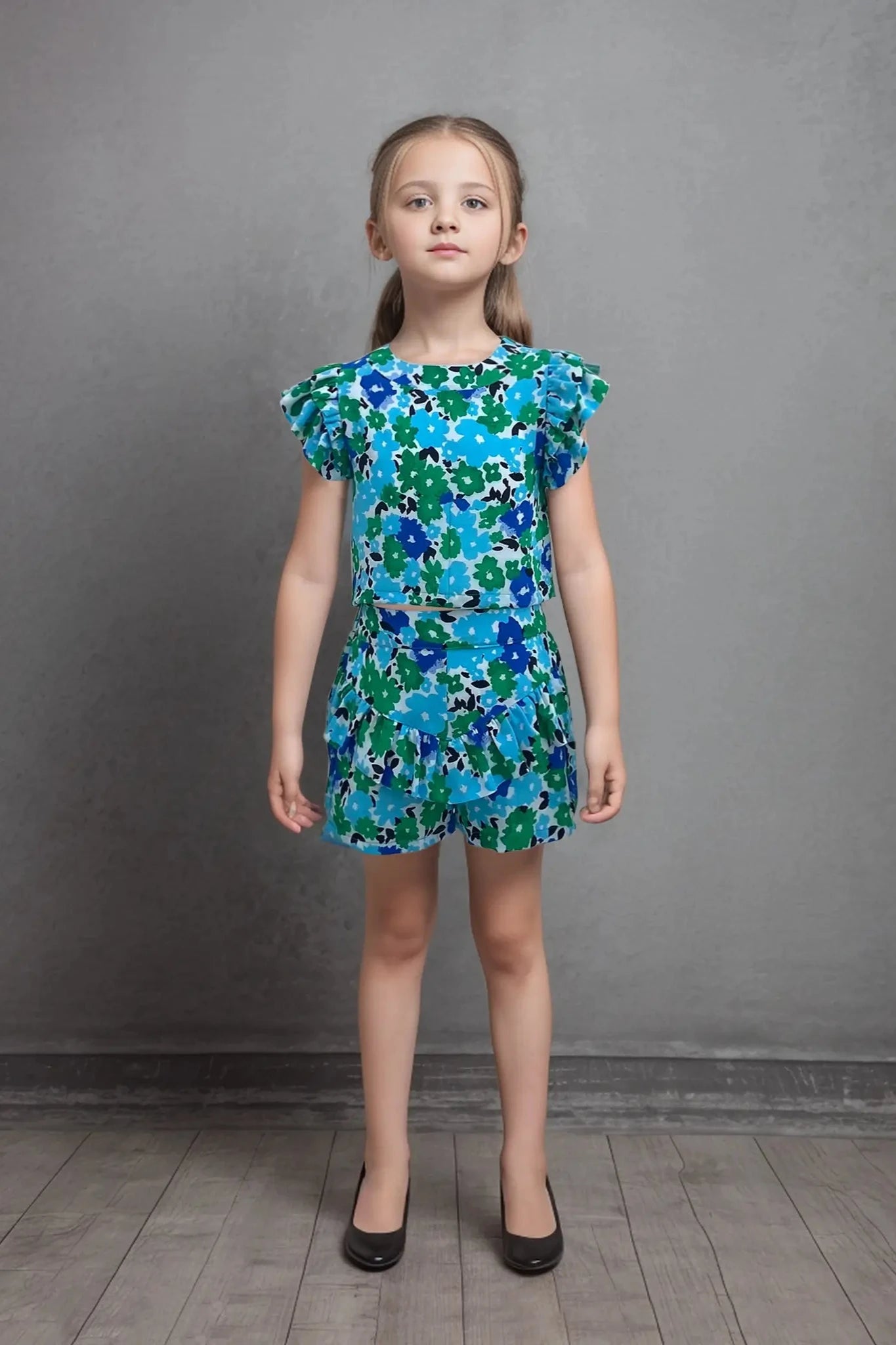 Full front view of a stylish floral co-ord set for girls.