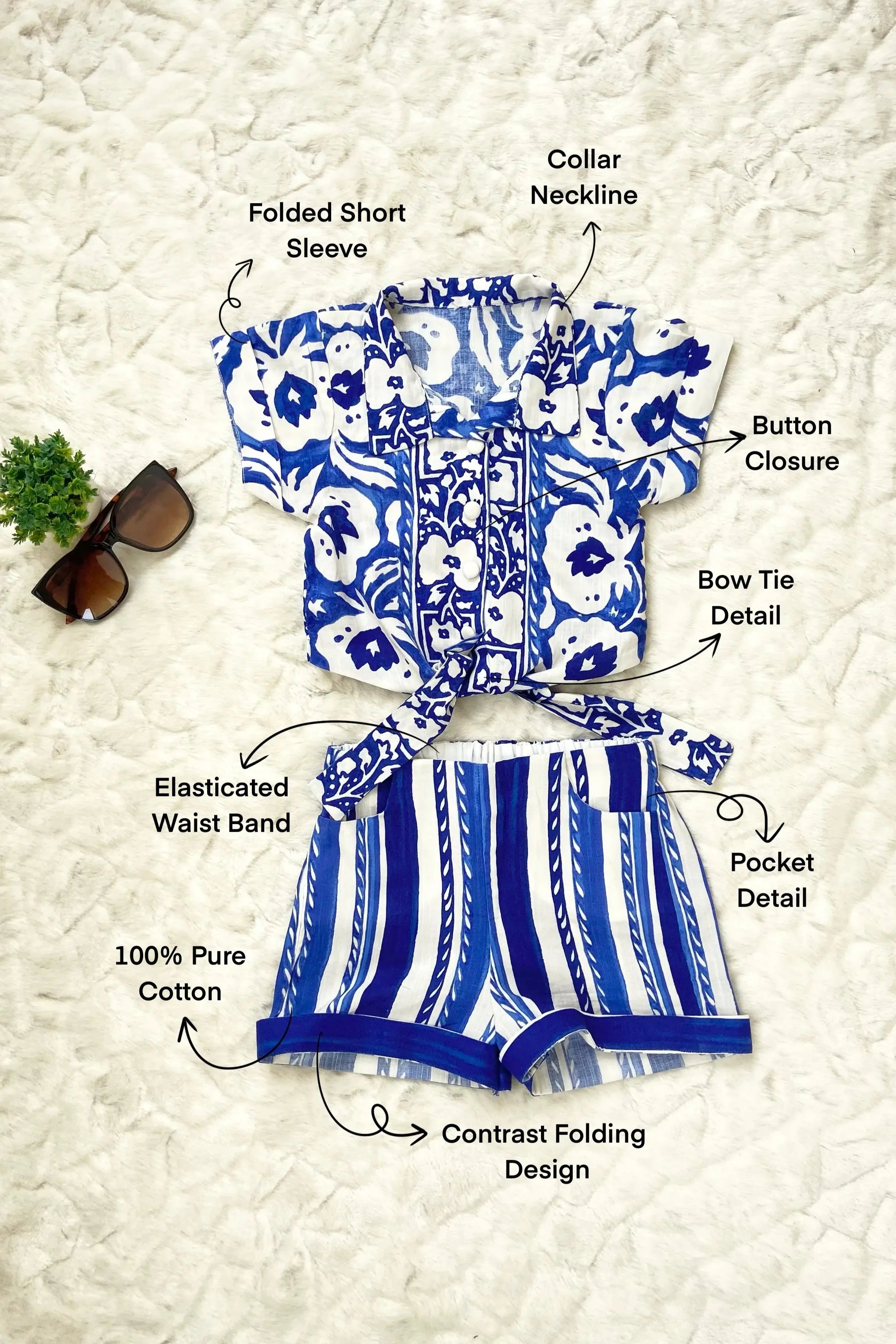 Flat view of a Girls' Floral Printed Linen Shirt & Shorts Set.