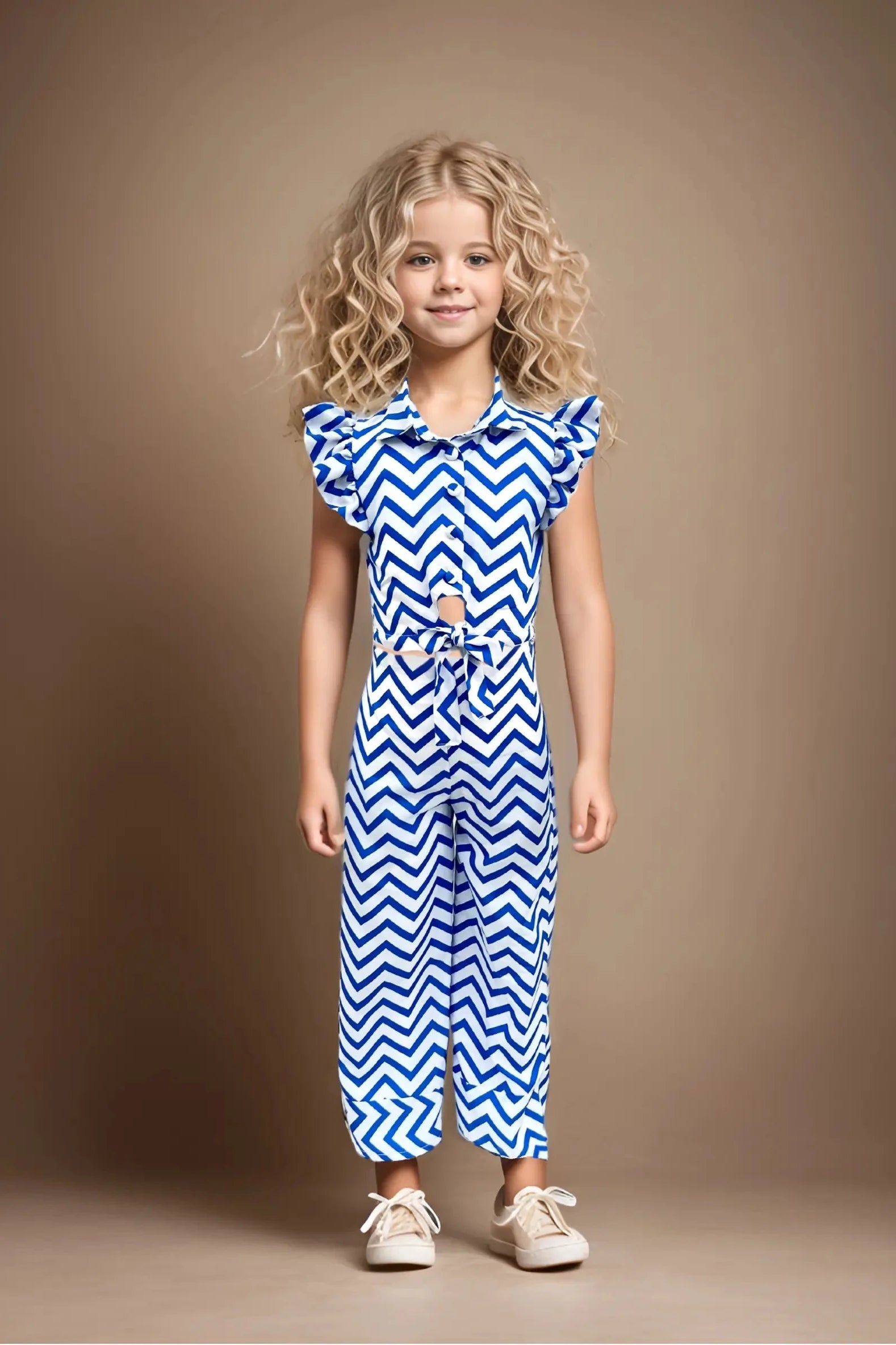 Full front view of a White & Blue Striped Co-Ord Set for Girls.