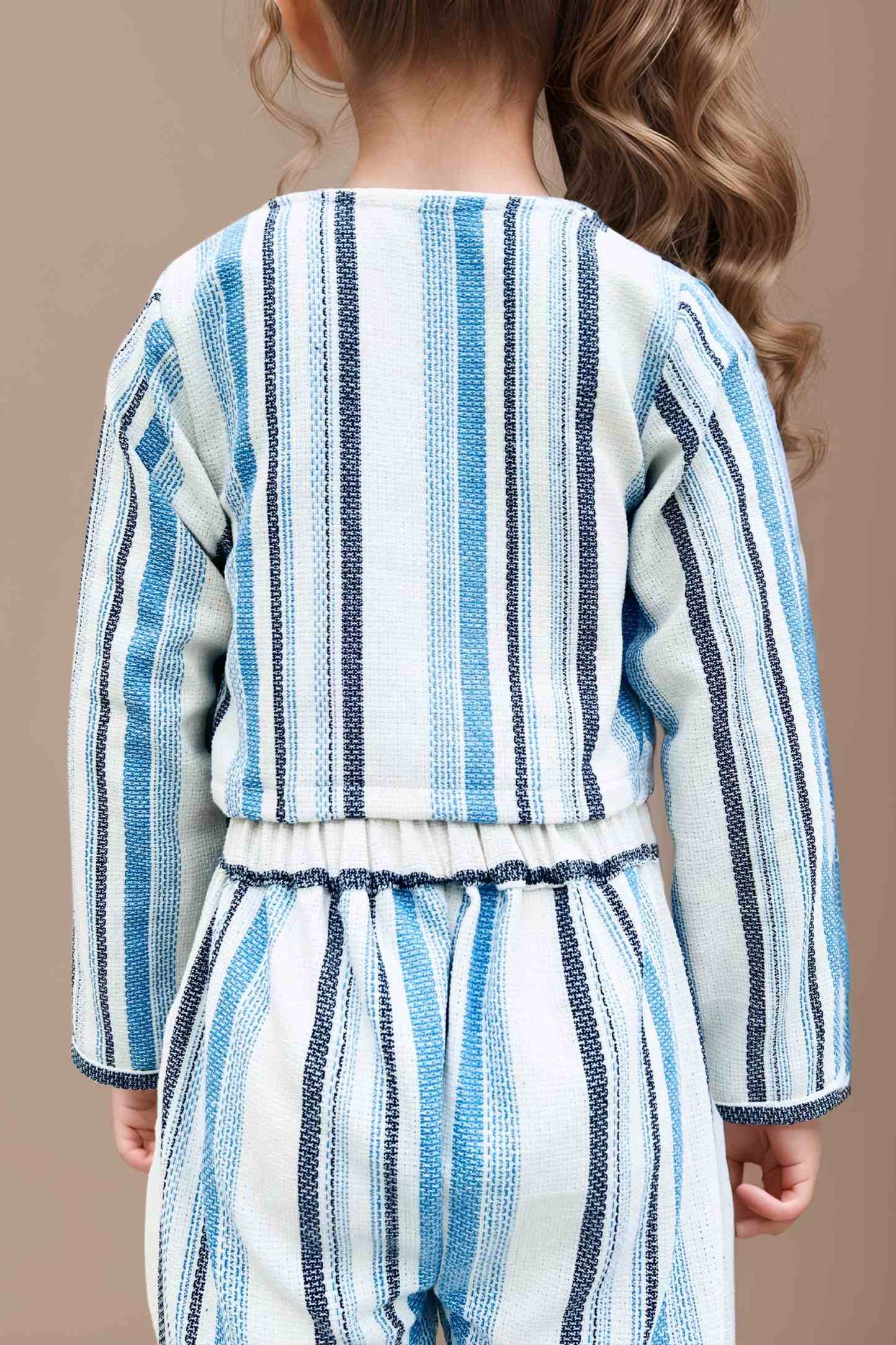 Back close up view of a White Weaved Striped Co-ord Set for Girls.