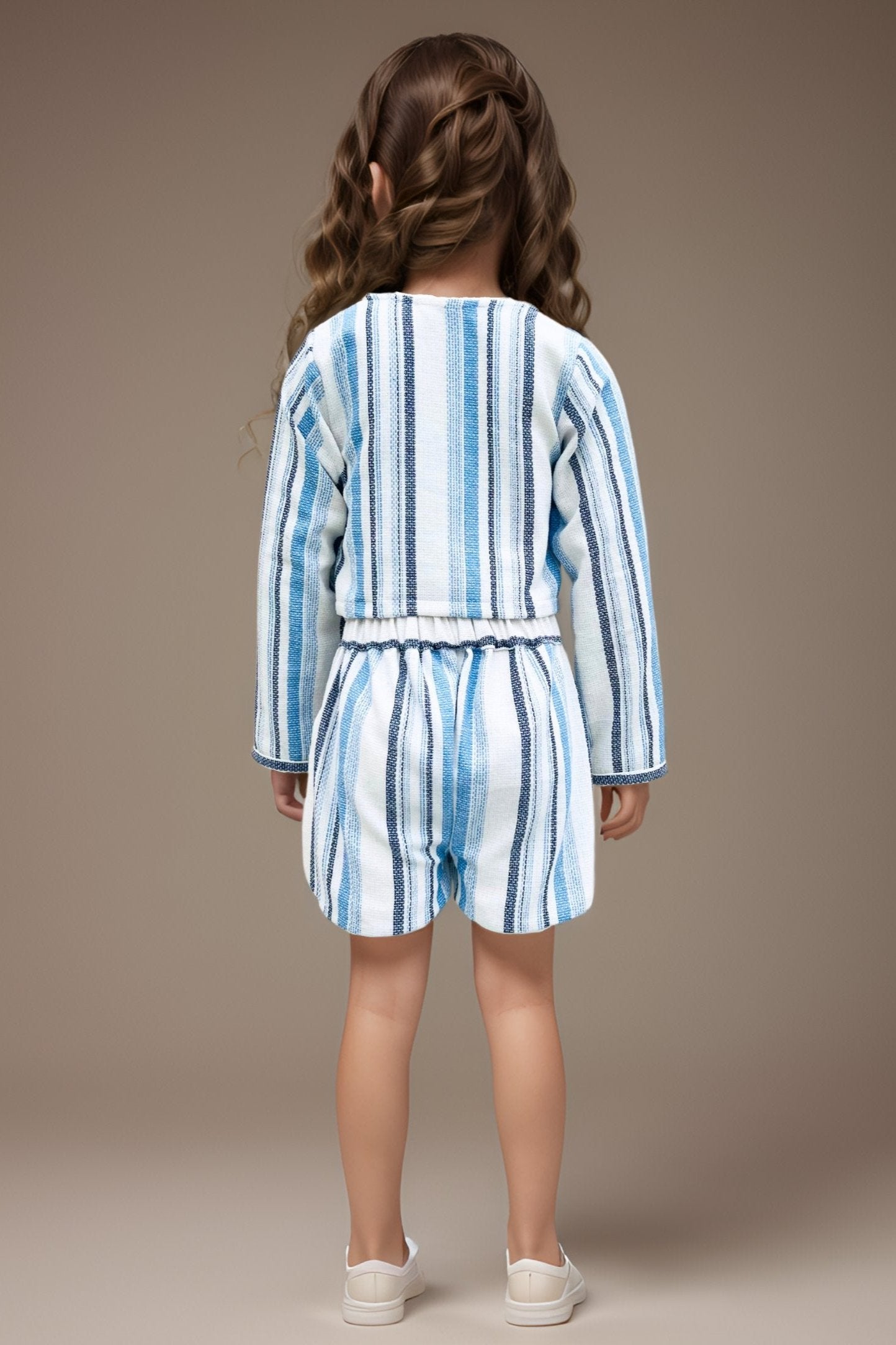 Full back view of a White Weaved Striped Co-ord Set for Girls.