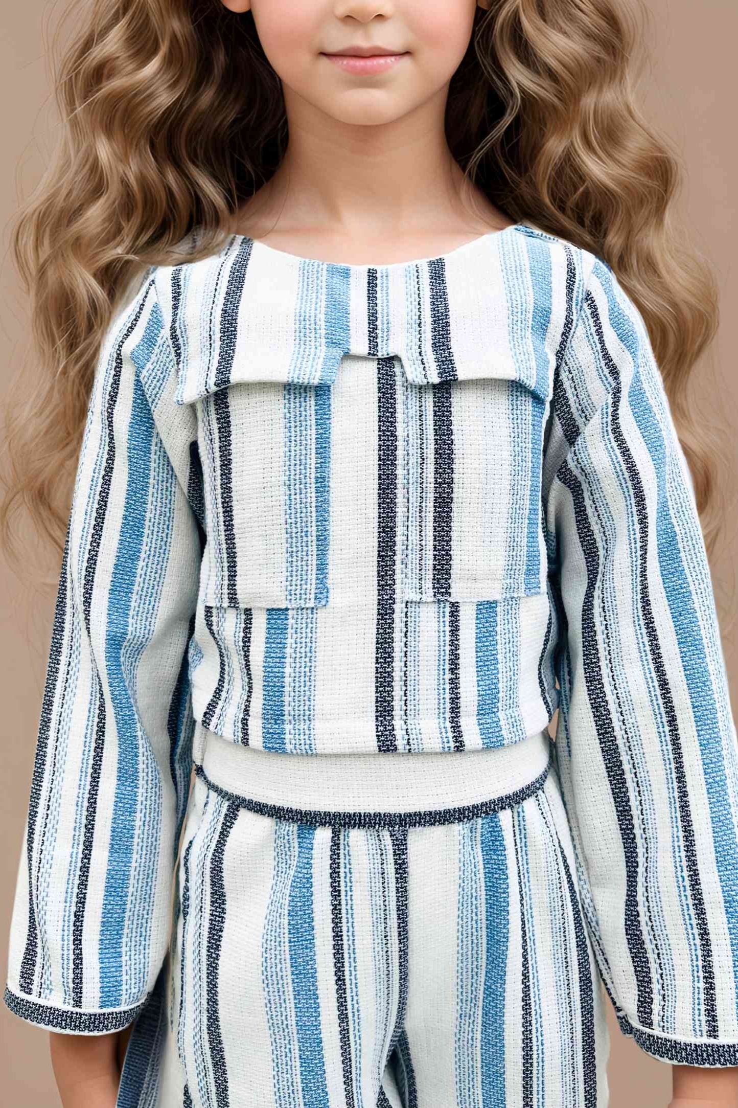 Front close up view of a White Weaved Striped Co-ord Set for Girls.