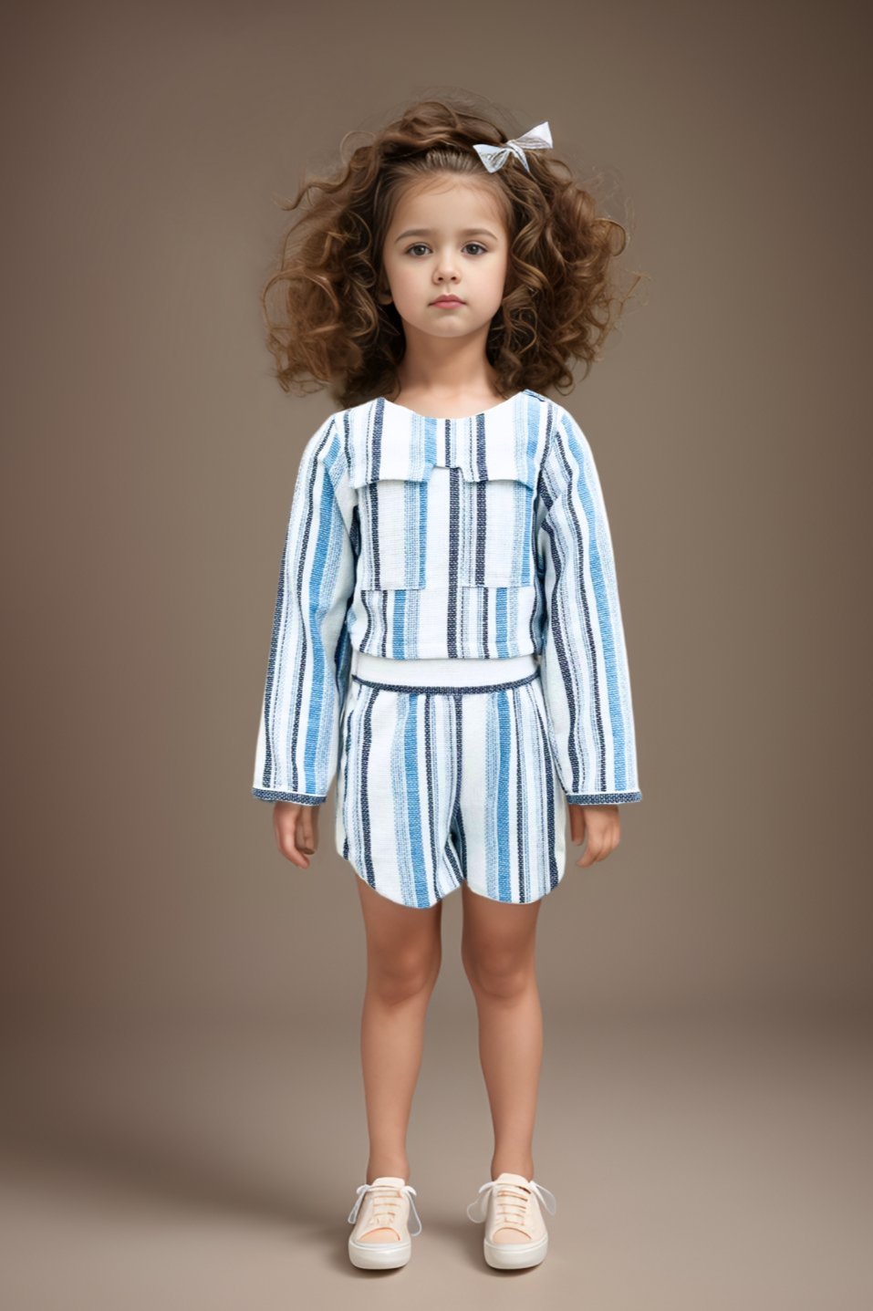 Full front view of a White Weaved Striped Co-ord Set for Girls.