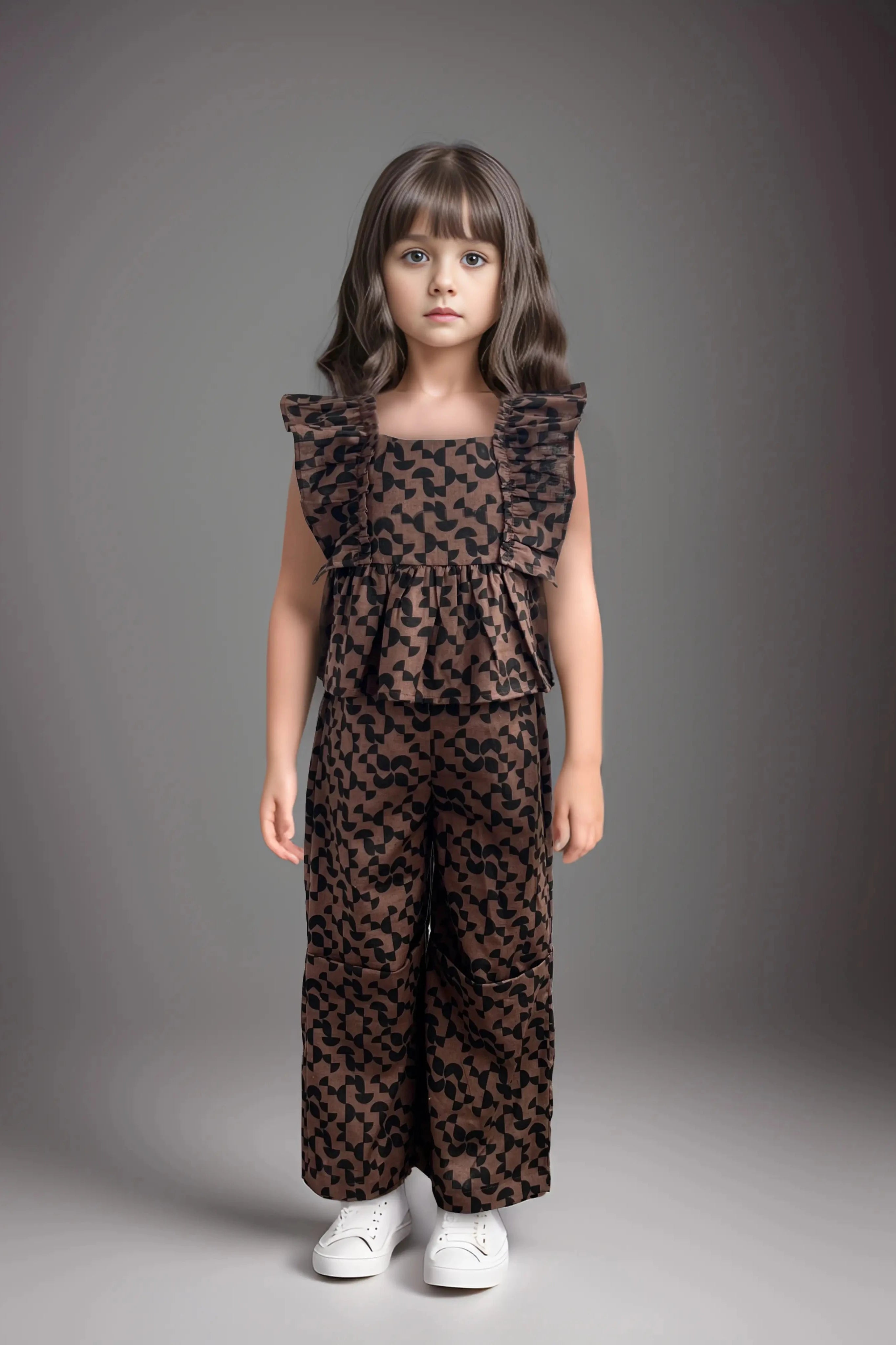 Full front of a Girls' Brown Cotton Top and Pants Set.