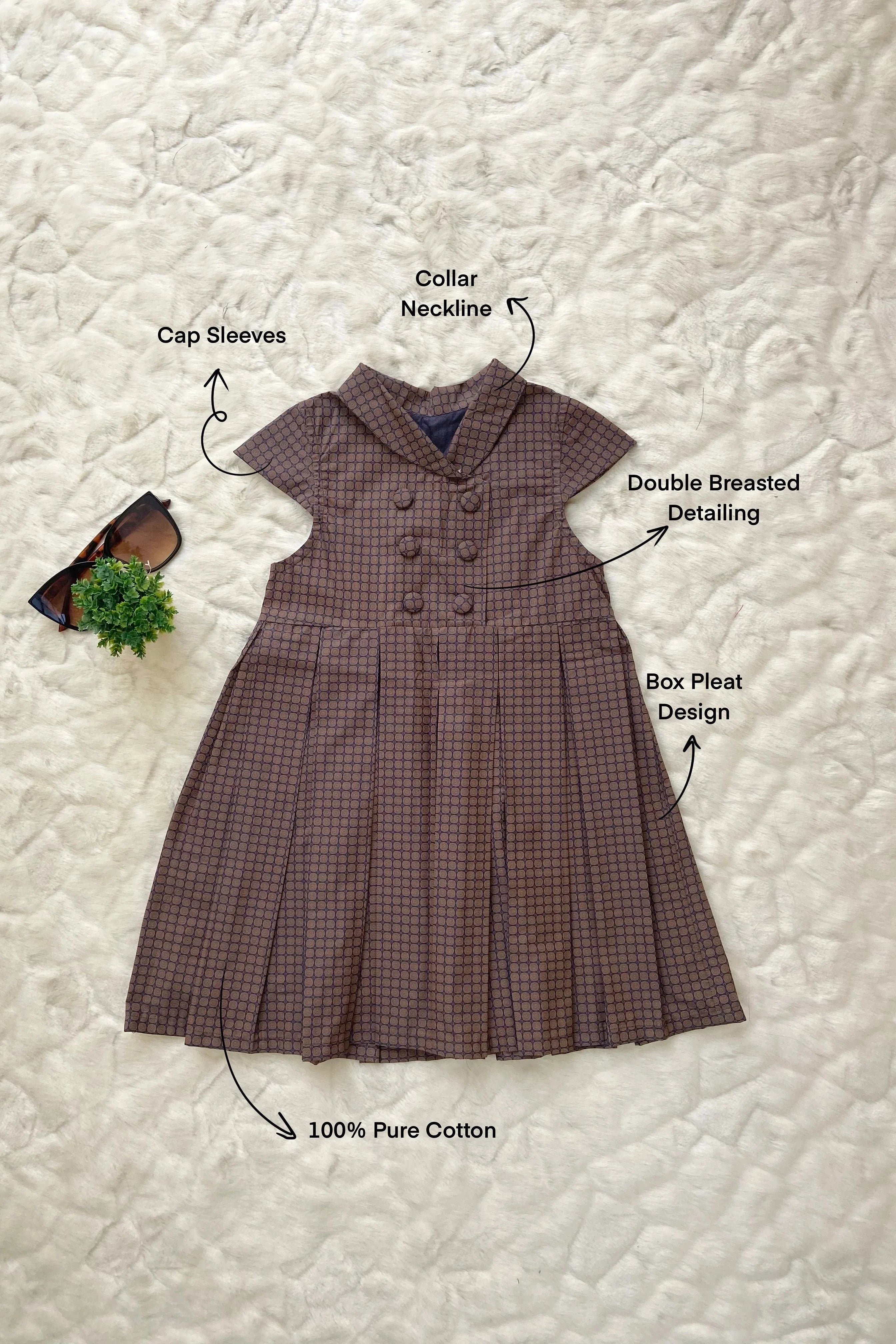 Flat view of a Brown Checked Cotton Dress for Girls.