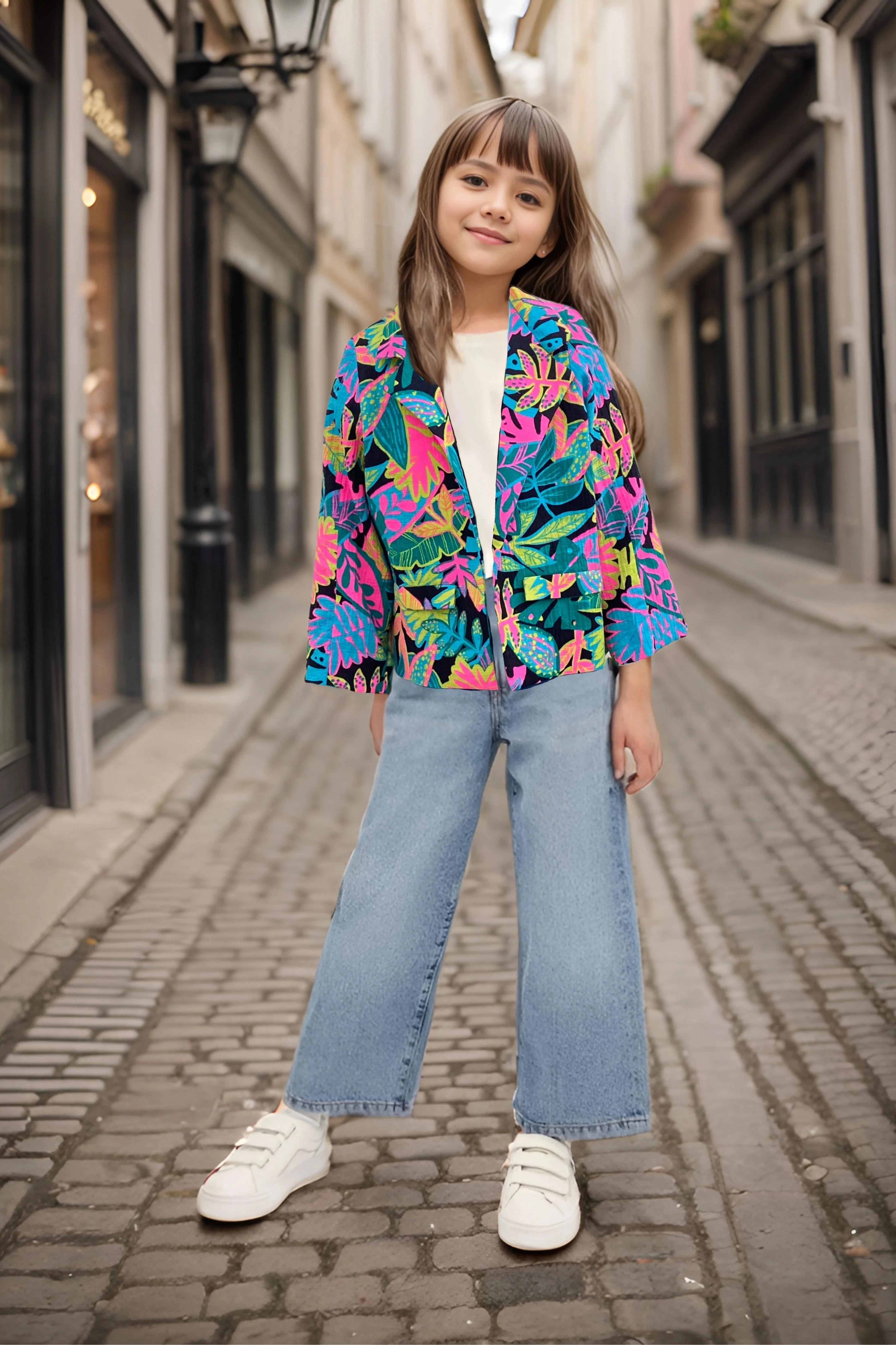 Full front of a Stylish Multicolor Jacket for Girl Kids.