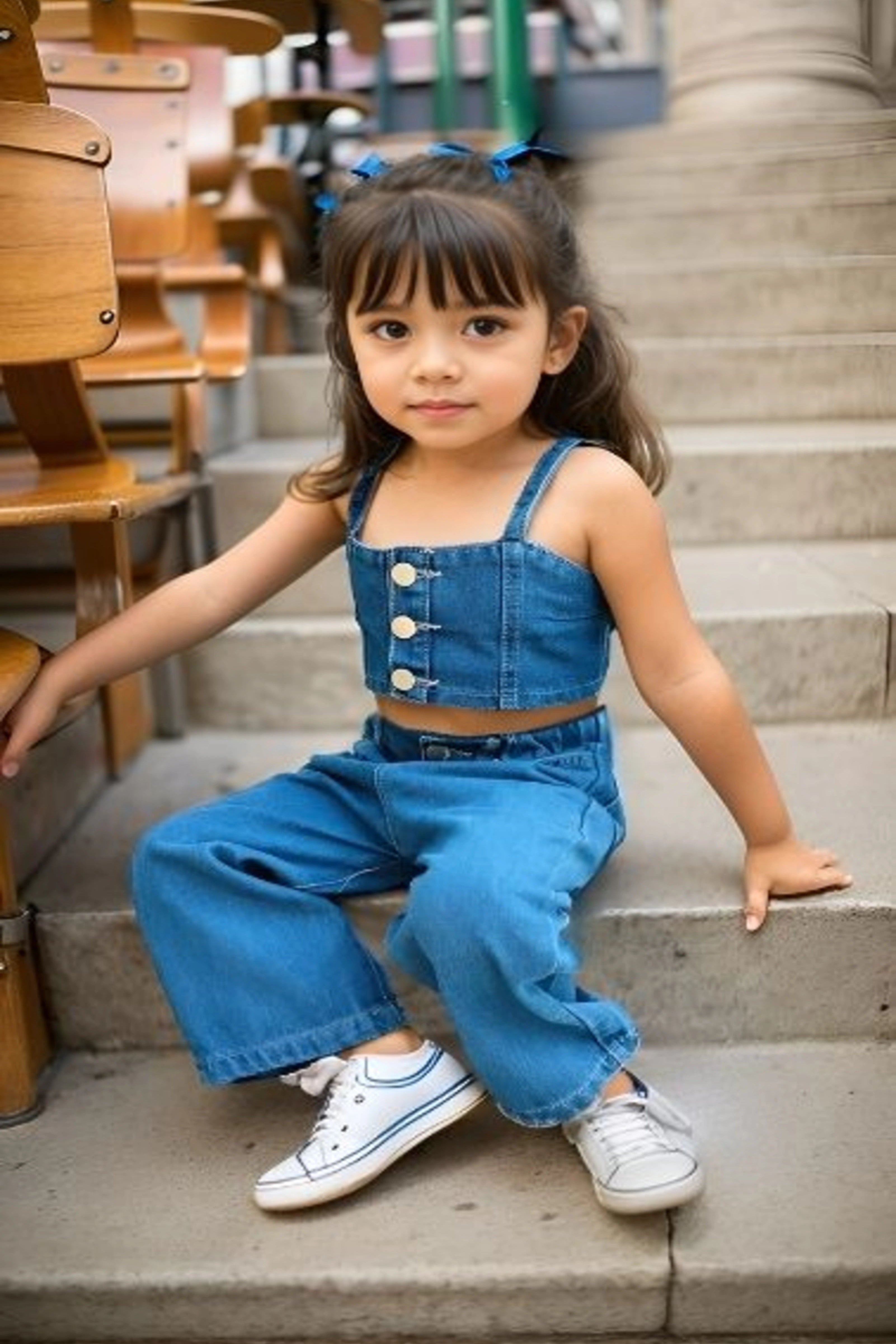 Full front of a Girls' Sleeveless Denim Top and Pants Set.