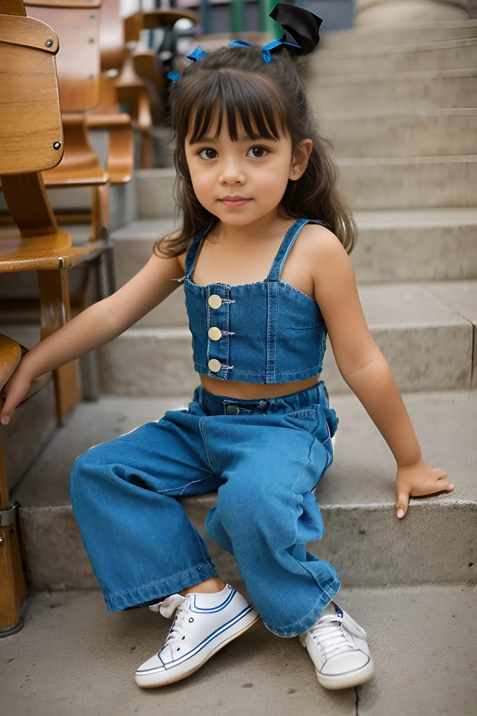 Full front of a Girls' Sleeveless Denim Top and Pants Set.