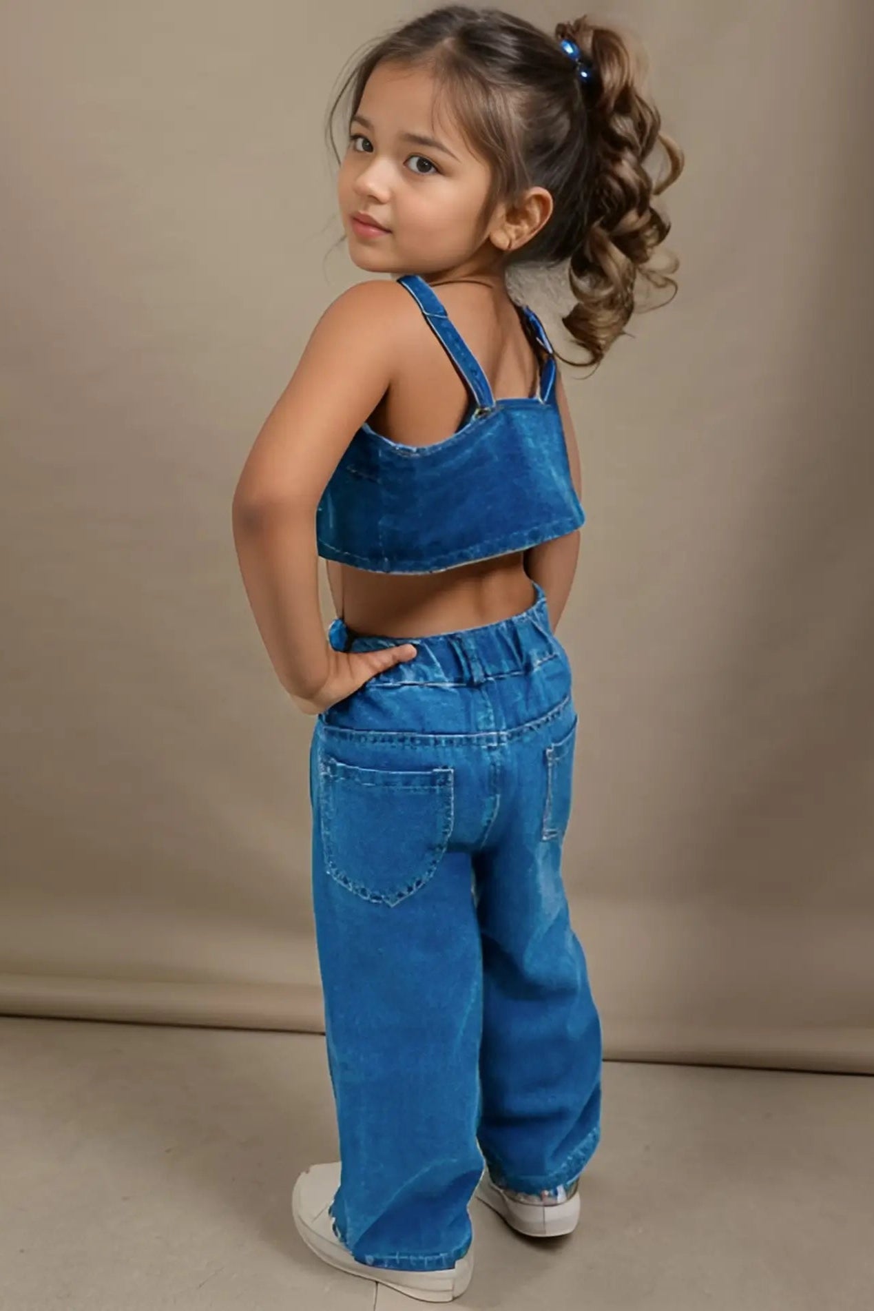 Full back of a Girls' Sleeveless Denim Top and Pants Set.