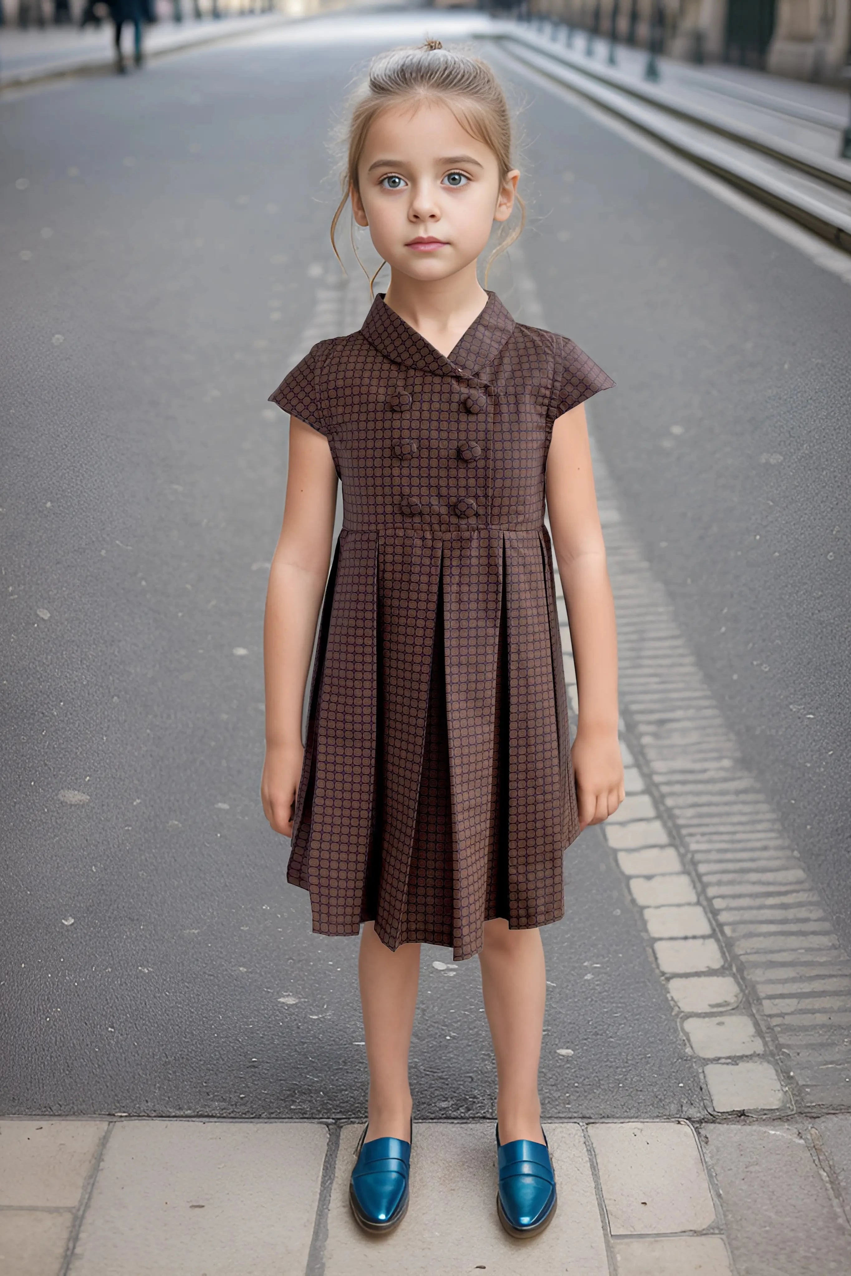 Full front of a Brown Checked Cotton Dress for Girls.