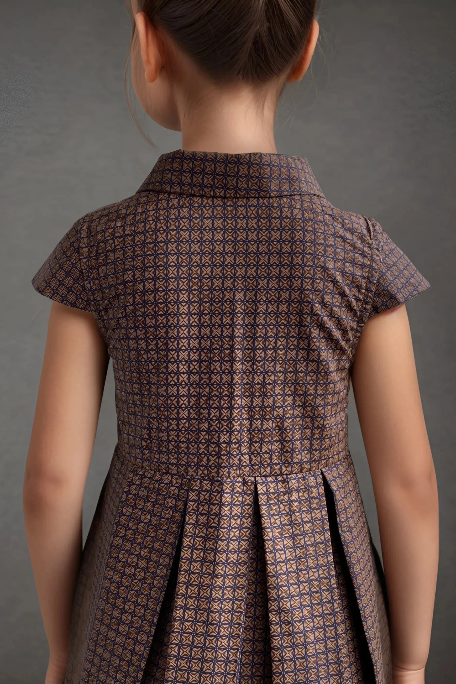 Back close up of a Brown Checked Cotton Dress for Girls.