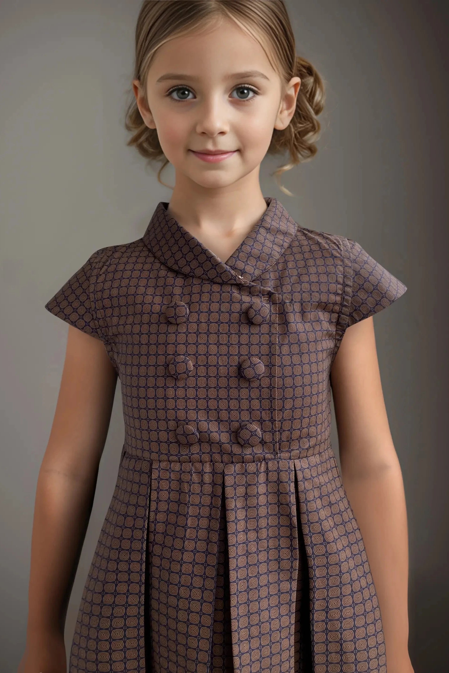 Front close up of a Brown Checked Cotton Dress for Girls.