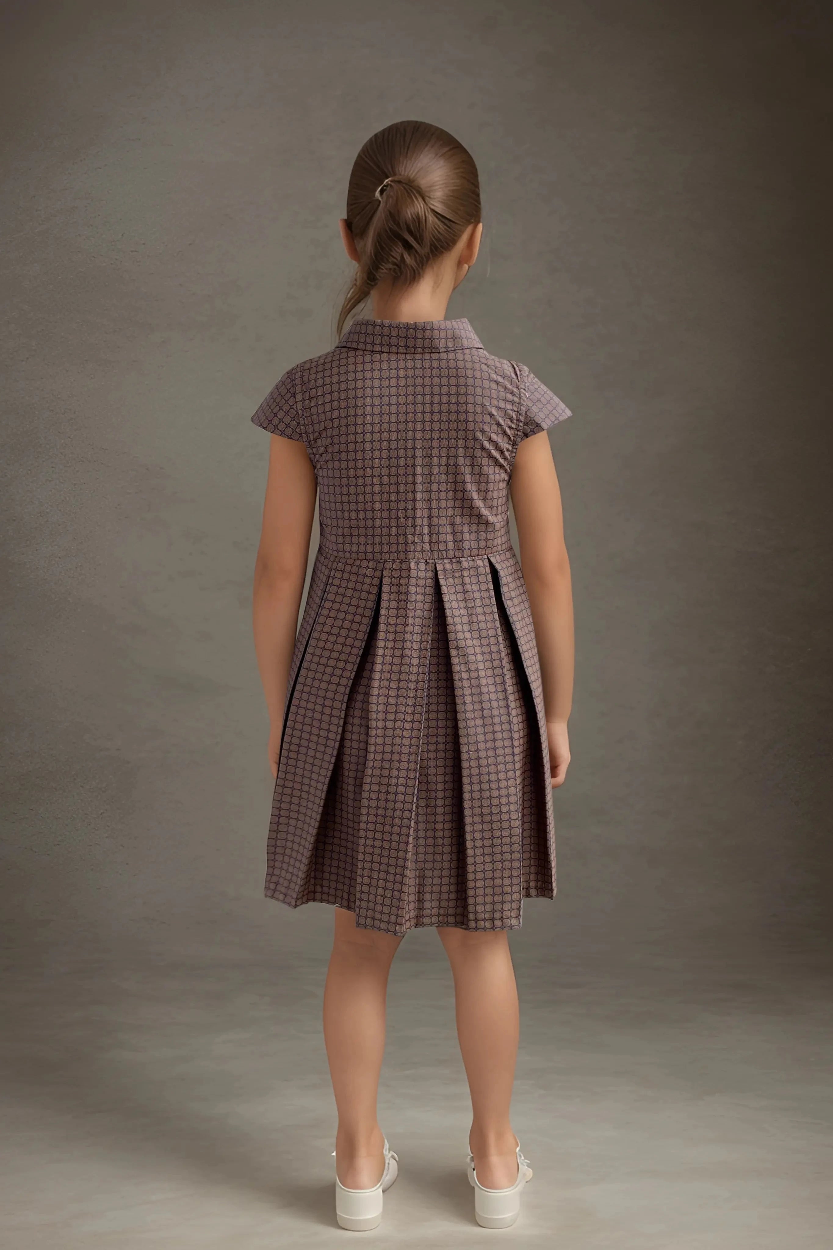 Full back of a Brown Checked Cotton Dress for Girls.