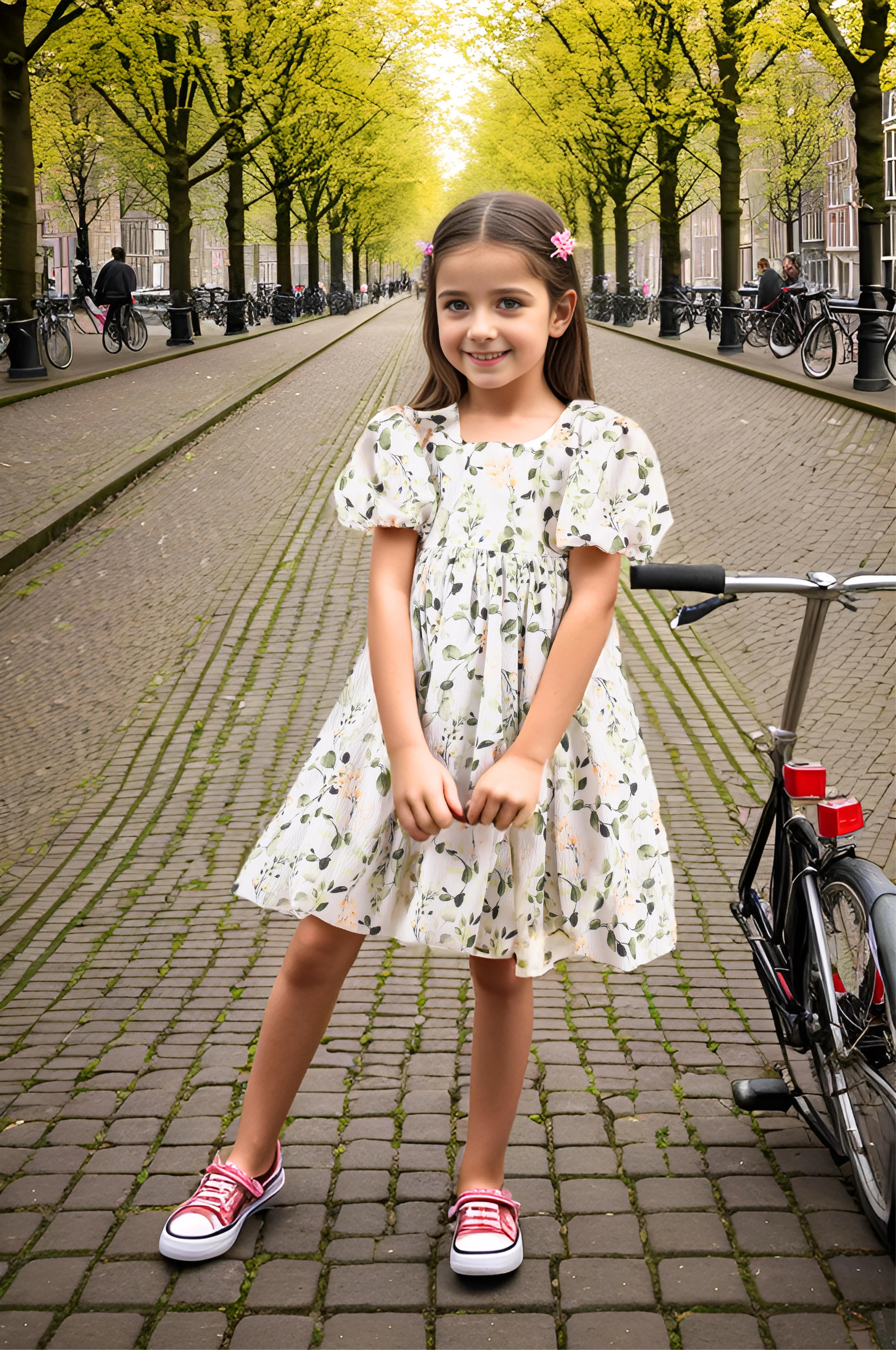 White Green Floral Printed Cotton Summer Dress for Girls