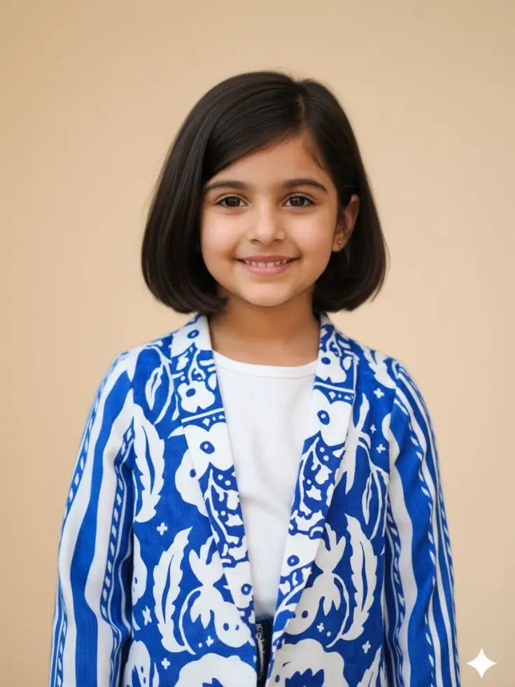 Front Closeup Blue Trendy Floral Printed Blazer