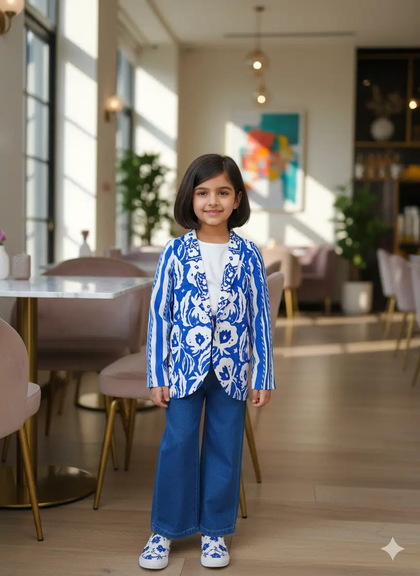 Front Full Blue Trendy Floral Printed Blazer