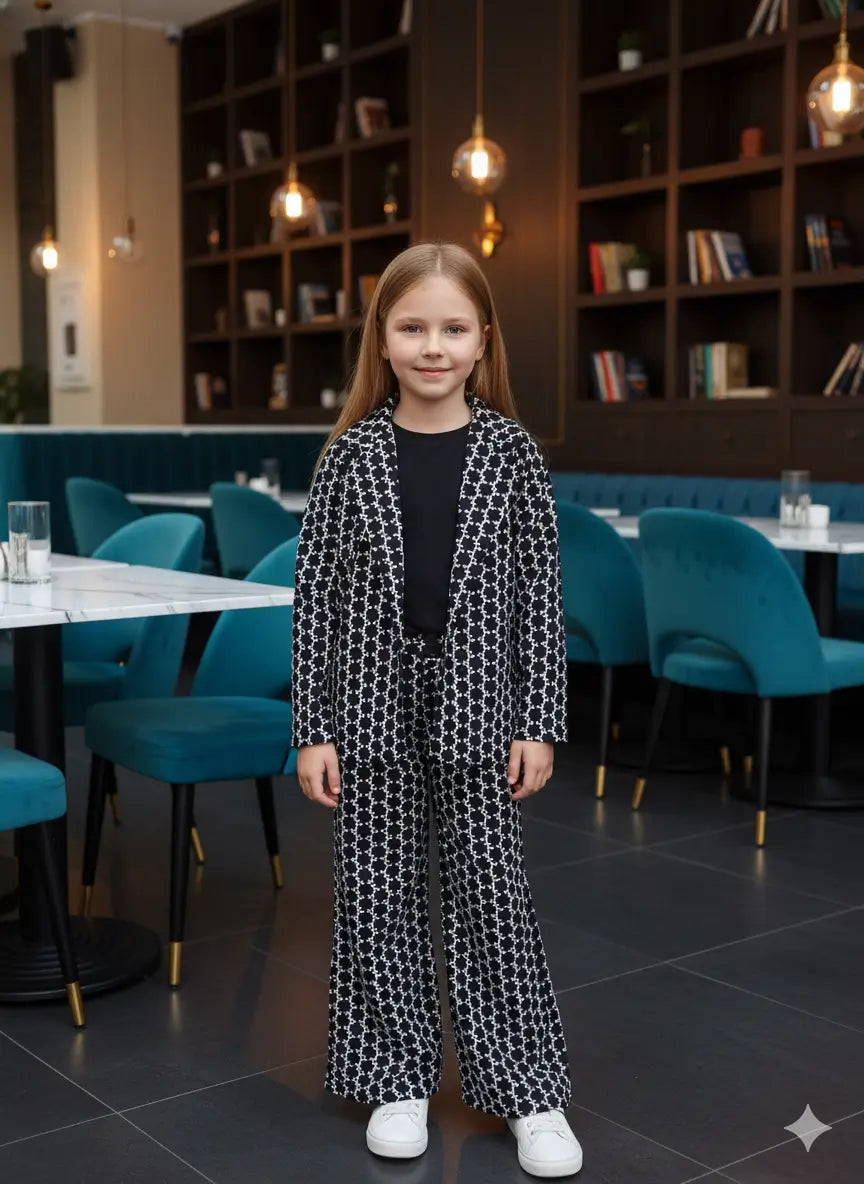 Front Full Black Popcorn textured Blazer with Trousers